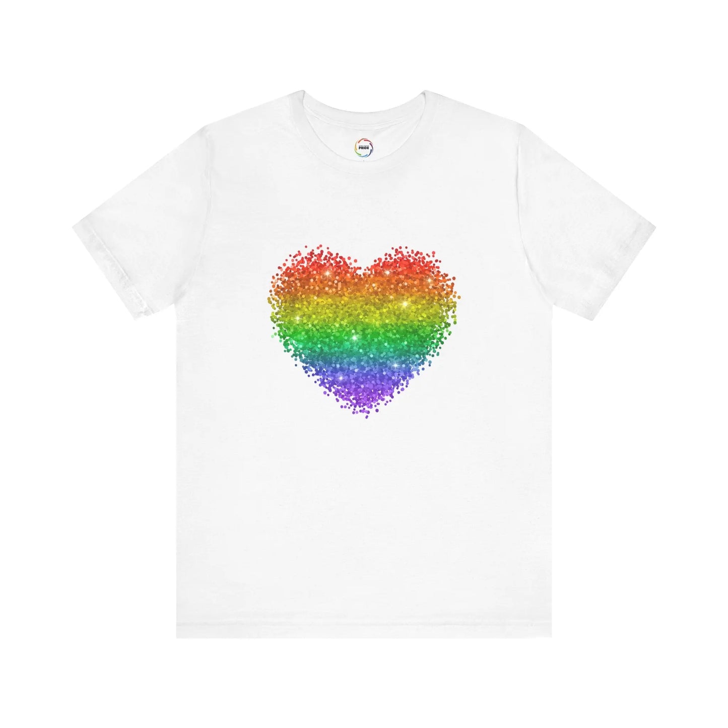 A white t-shirt with a glitter rainbow heart design.