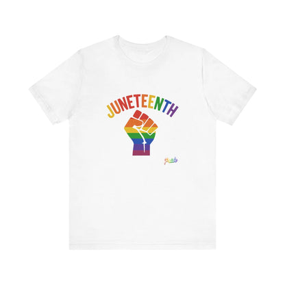 White t-shirt with 'Juneteenth' and rainbow fist graphic on a white background
