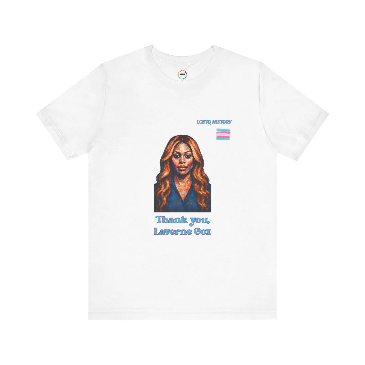 White t-shirt with a graphic of Laverne Cox and text on a white background