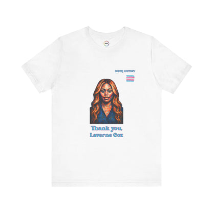 White t-shirt with a graphic of Laverne Cox and text on a white background