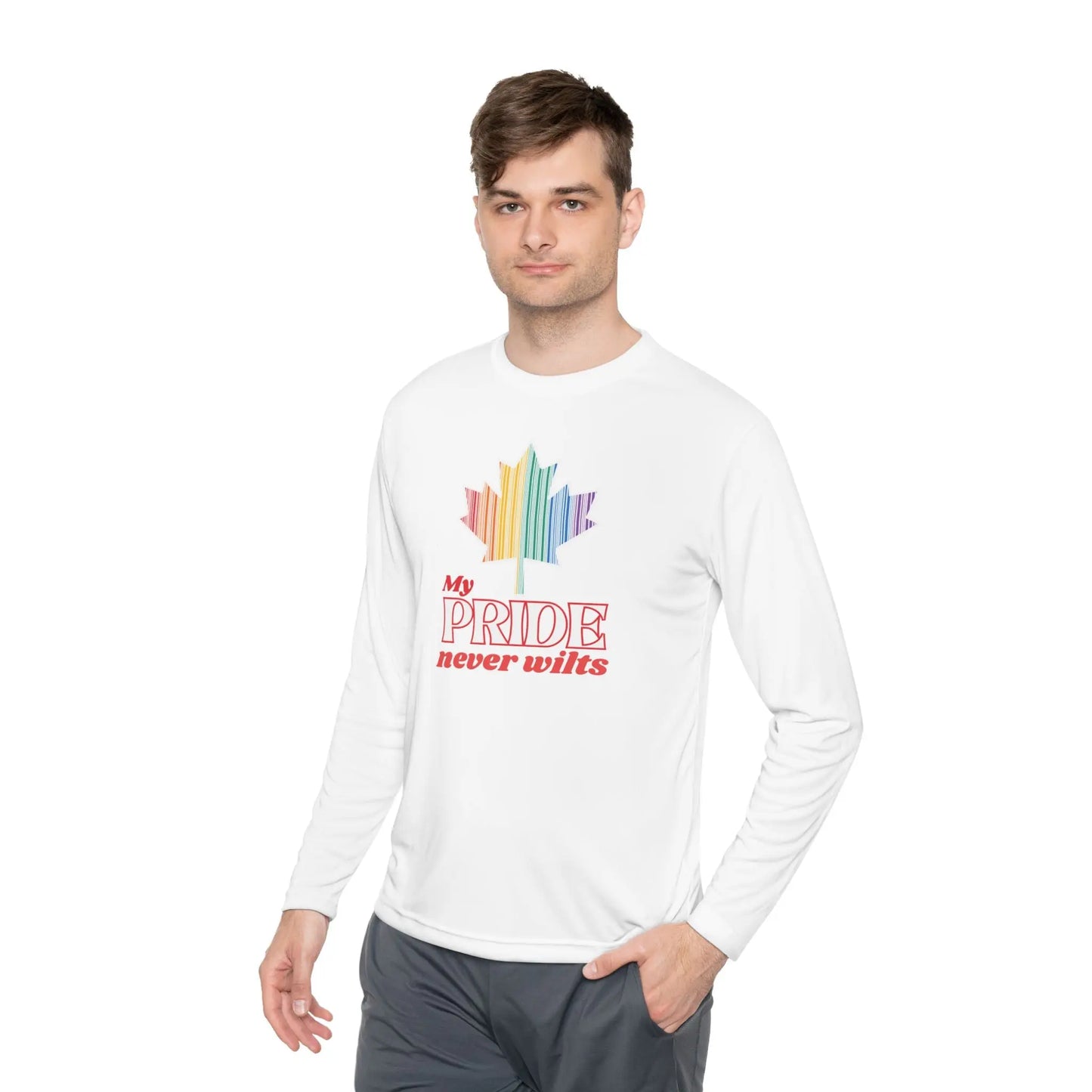 A person wearing a long sleeve white t-shirt with a colorful graphic that reads 'My PRIDE never wilts'.