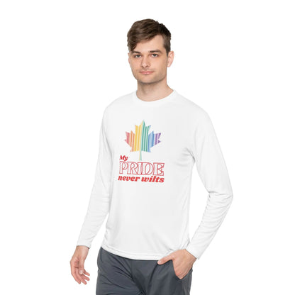 A person wearing a long sleeve white t-shirt with a colorful graphic that reads 'My PRIDE never wilts'.