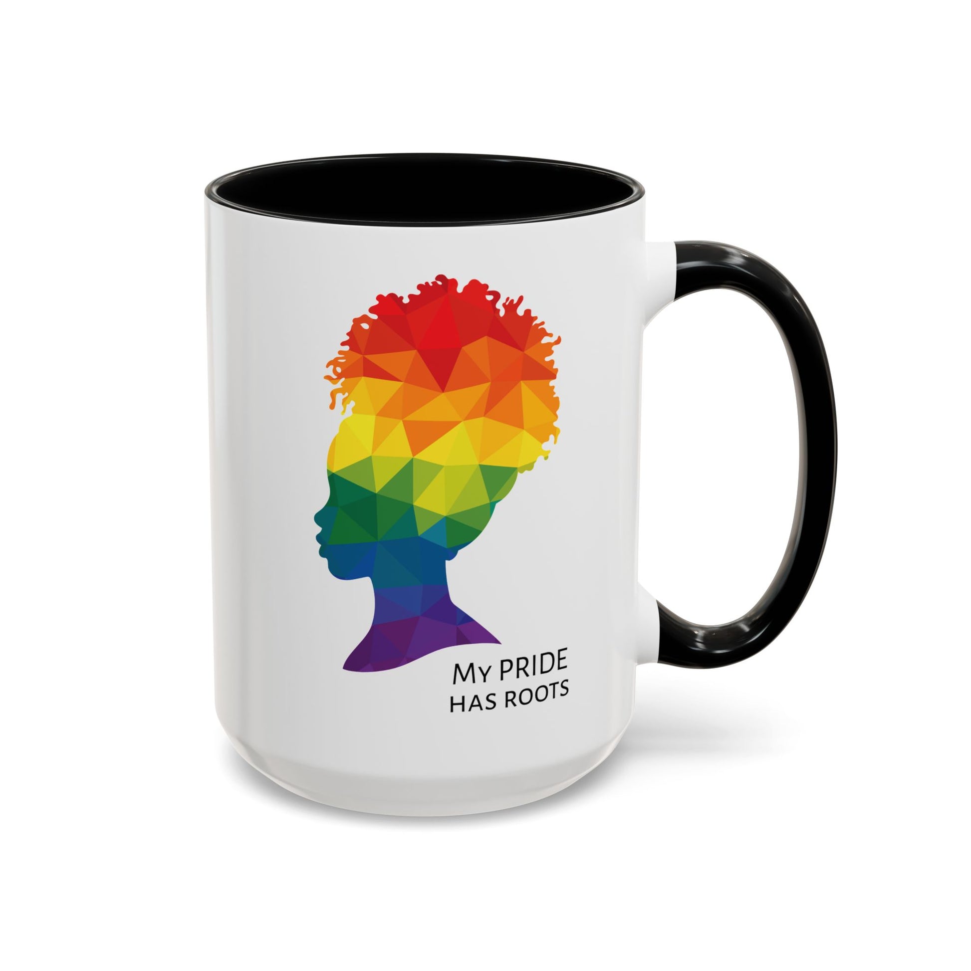 A white mug with a black handle and rim, featuring a vibrant geometric silhouette of a womans head with a rainbow afro and MY PRIDE HAS ROOTS below—perfect for the LGBTQ community from The Worldwide PRIDE Store.