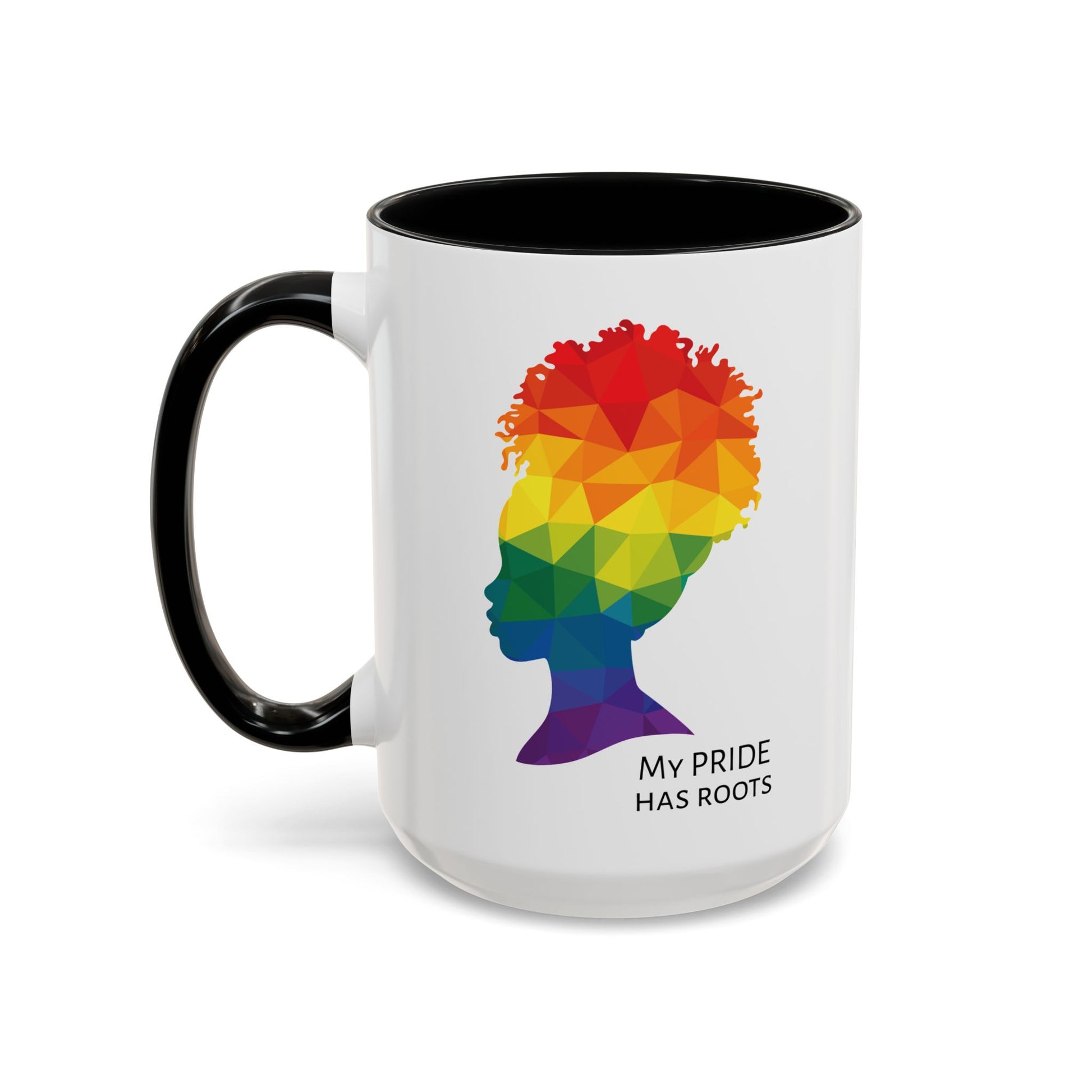 A white mug with a black handle and rim, featuring a vibrant geometric silhouette of a womans head with a rainbow afro and MY PRIDE HAS ROOTS below—perfect for the LGBTQ community from The Worldwide PRIDE Store.