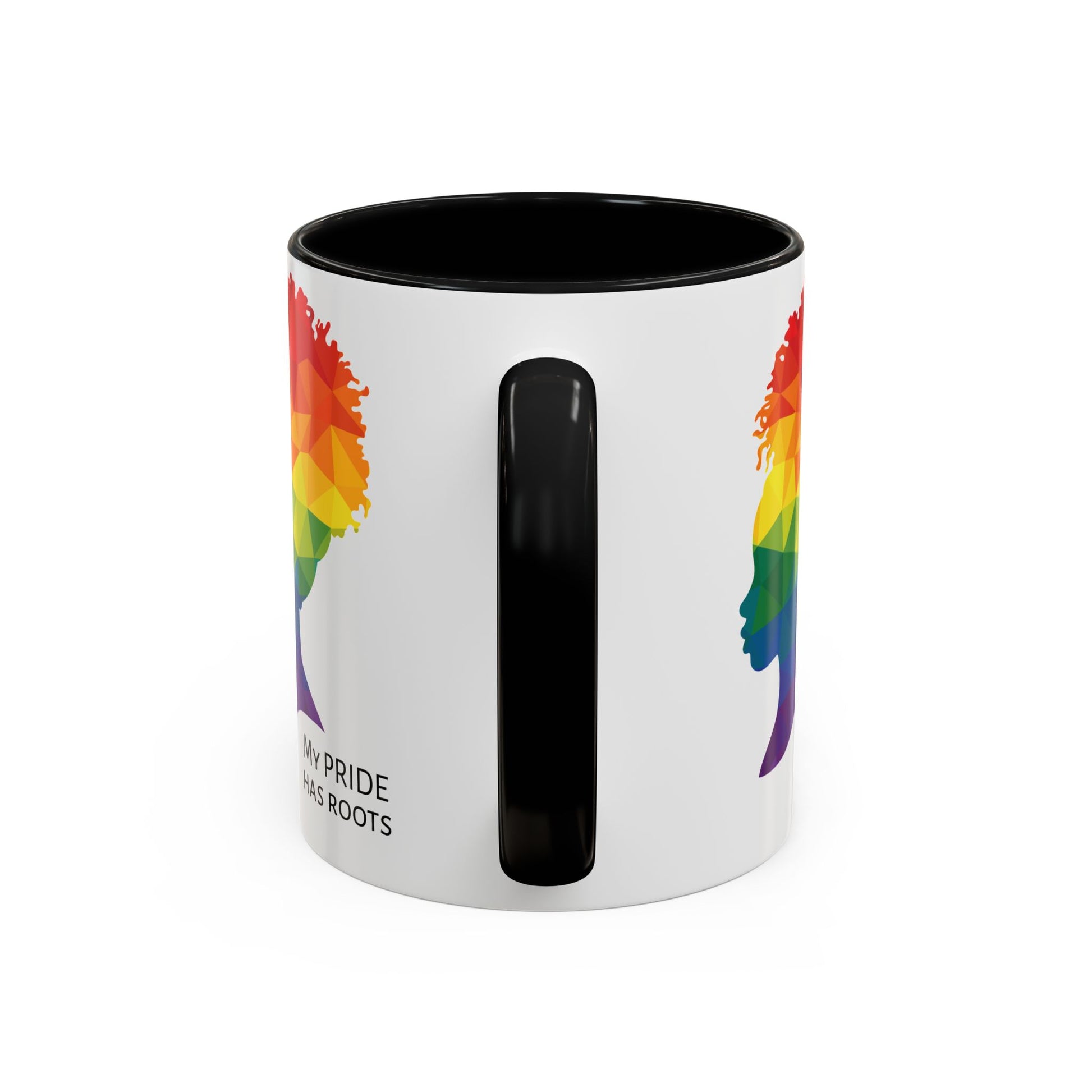 A white mug with a black handle and rim, featuring a vibrant geometric silhouette of a womans head with a rainbow afro and MY PRIDE HAS ROOTS below—perfect for the LGBTQ community from The Worldwide PRIDE Store.