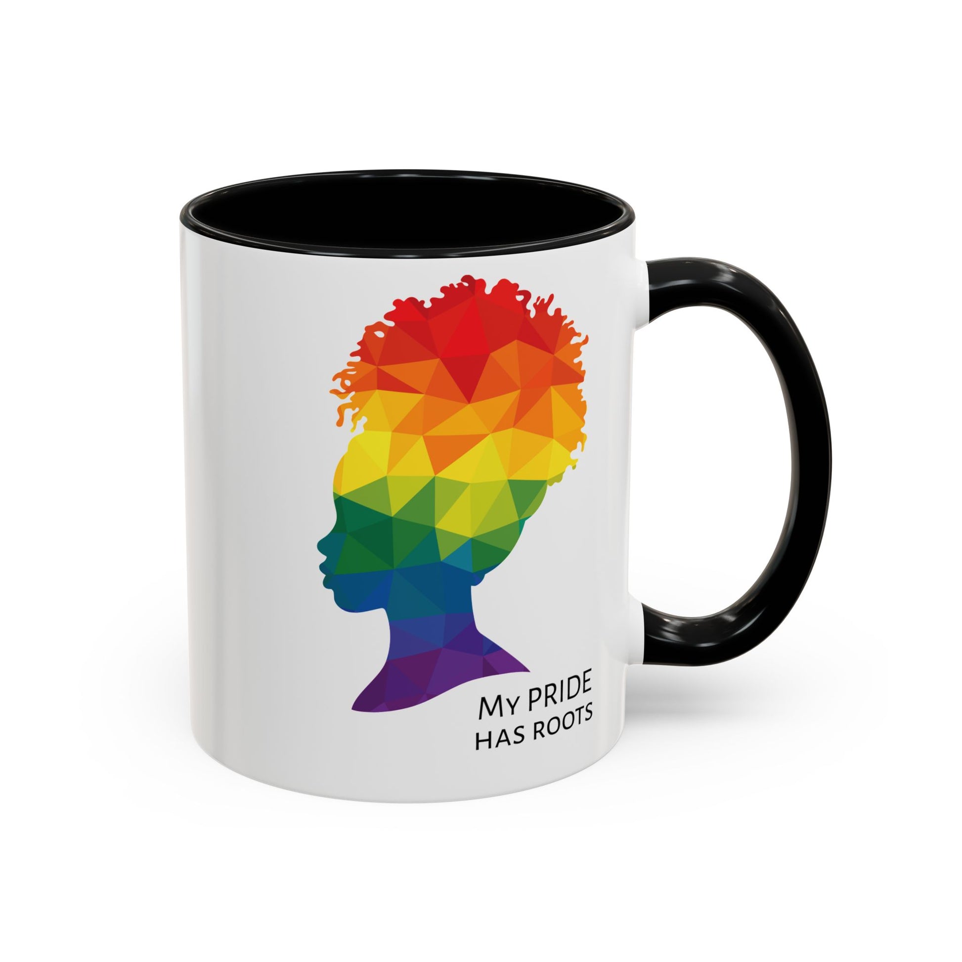 A white mug with a black handle and rim, featuring a vibrant geometric silhouette of a womans head with a rainbow afro and MY PRIDE HAS ROOTS below—perfect for the LGBTQ community from The Worldwide PRIDE Store.
