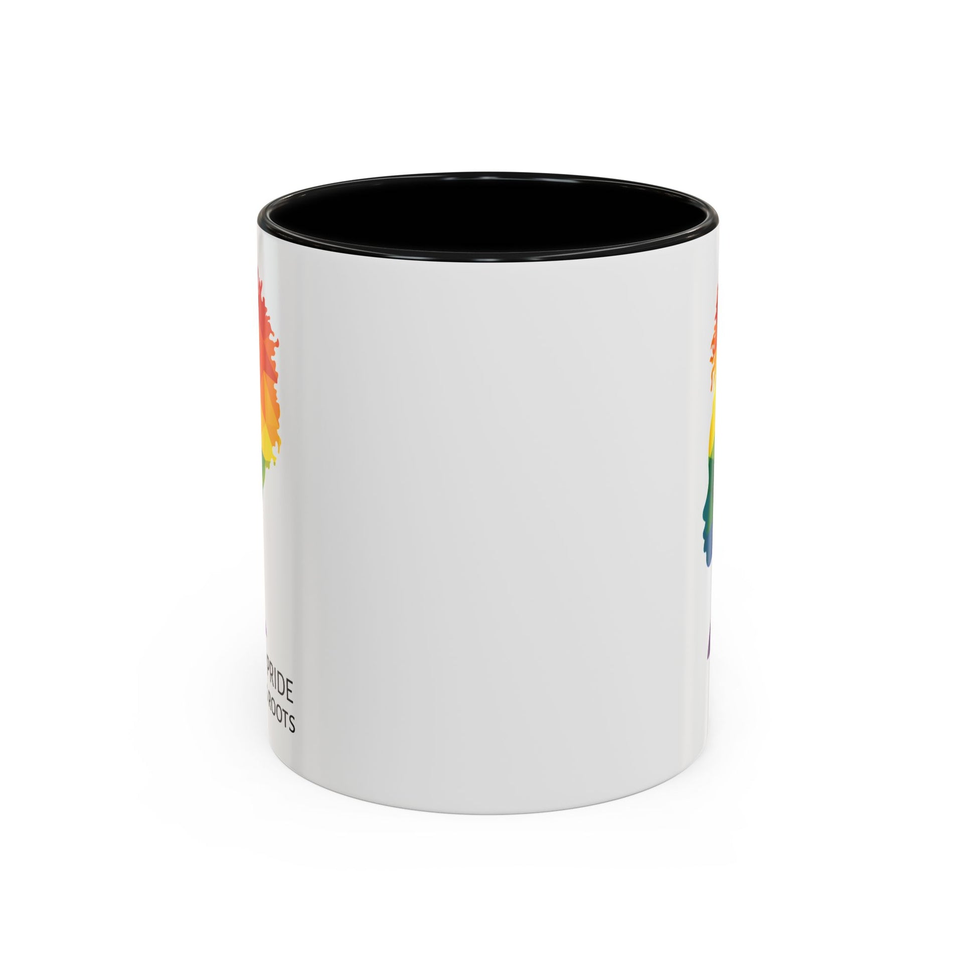 A white mug with a black handle and rim, featuring a vibrant geometric silhouette of a womans head with a rainbow afro and MY PRIDE HAS ROOTS below—perfect for the LGBTQ community from The Worldwide PRIDE Store.