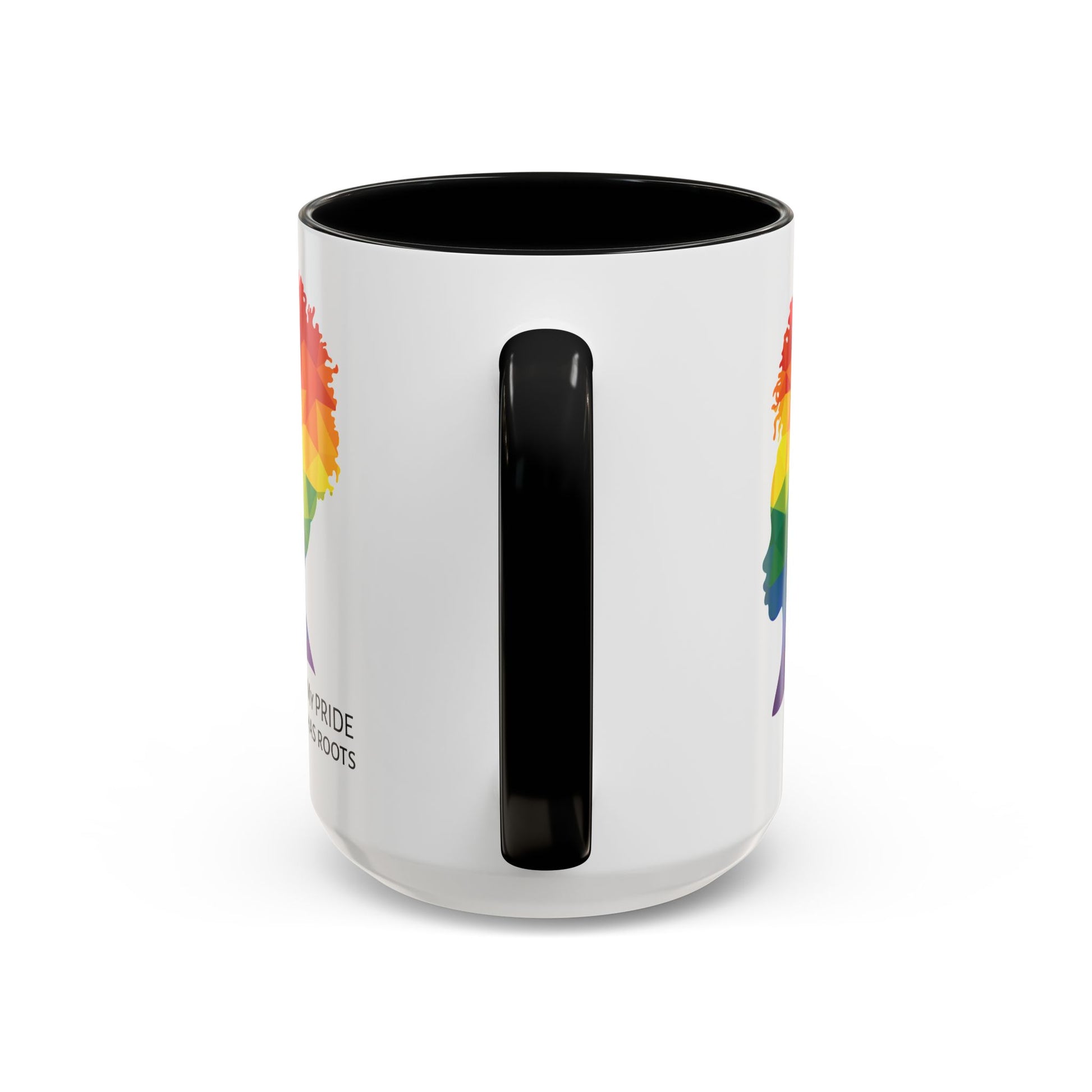 A white mug with a black handle and rim, featuring a vibrant geometric silhouette of a womans head with a rainbow afro and MY PRIDE HAS ROOTS below—perfect for the LGBTQ community from The Worldwide PRIDE Store.
