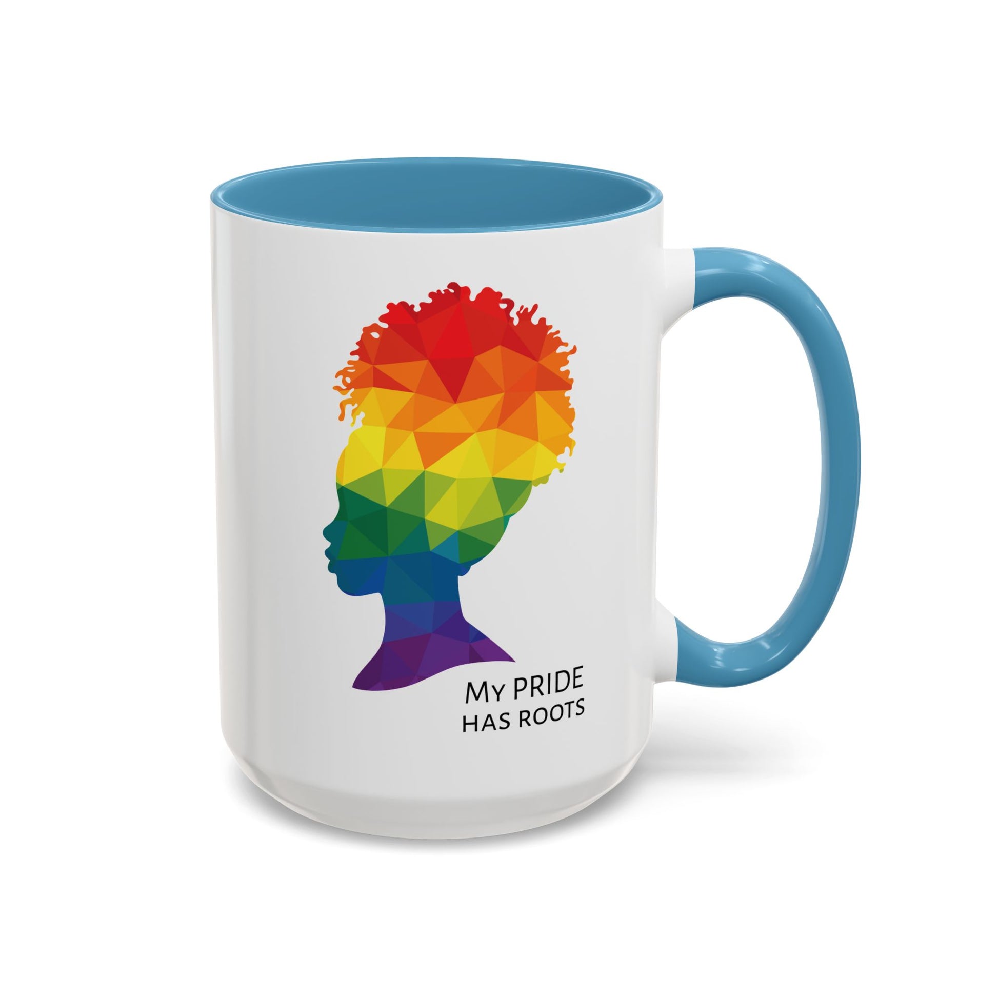A white mug with a light blue handle and rim, featuring a vibrant geometric silhouette of a womans head with a rainbow afro and MY PRIDE HAS ROOTS below—perfect for the LGBTQ community from The Worldwide PRIDE Store.