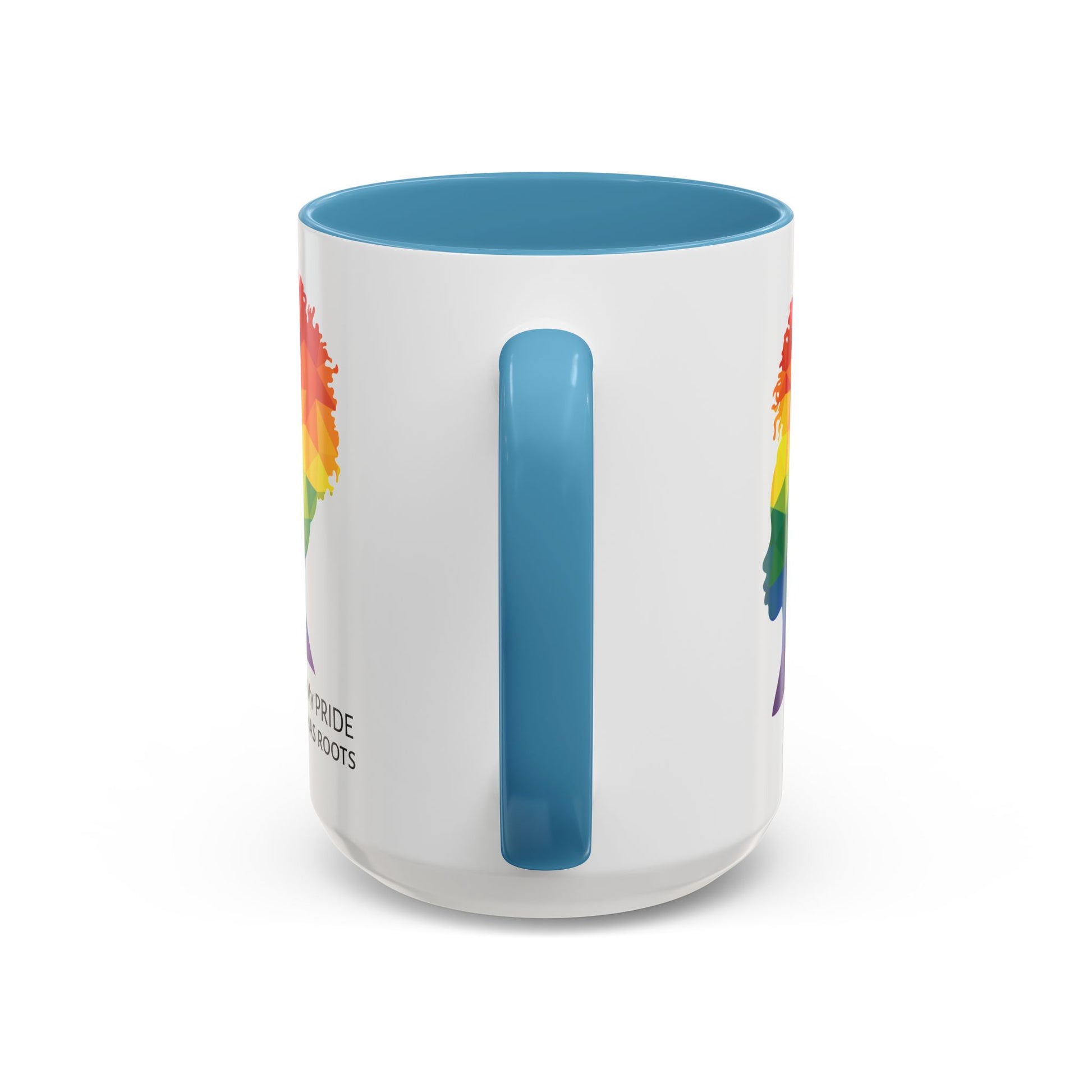 A white mug with a light blue handle and rim, featuring a vibrant geometric silhouette of a womans head with a rainbow afro and MY PRIDE HAS ROOTS below—perfect for the LGBTQ community from The Worldwide PRIDE Store.