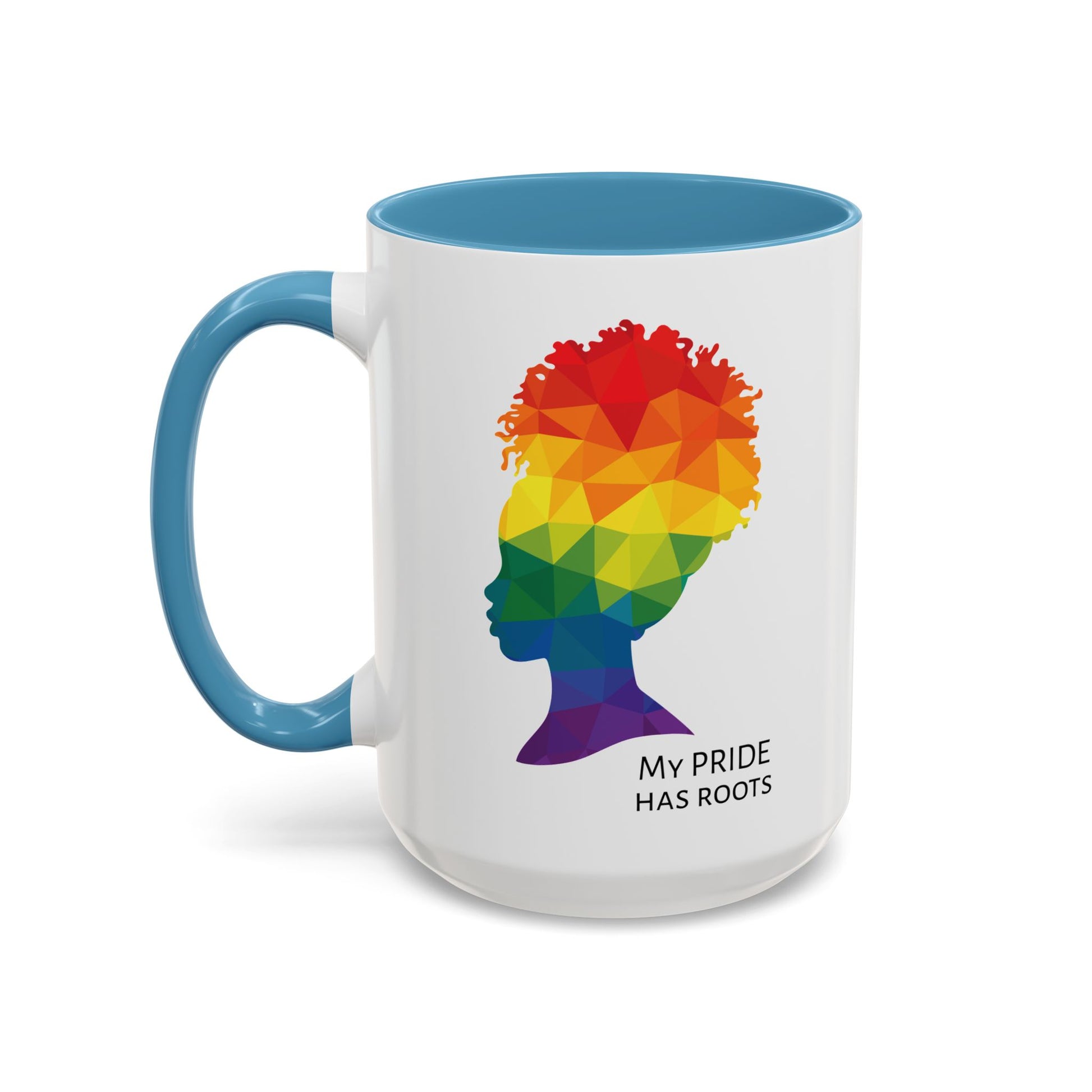A white mug with a light blue handle and rim, featuring a vibrant geometric silhouette of a womans head with a rainbow afro and MY PRIDE HAS ROOTS below—perfect for the LGBTQ community from The Worldwide PRIDE Store.