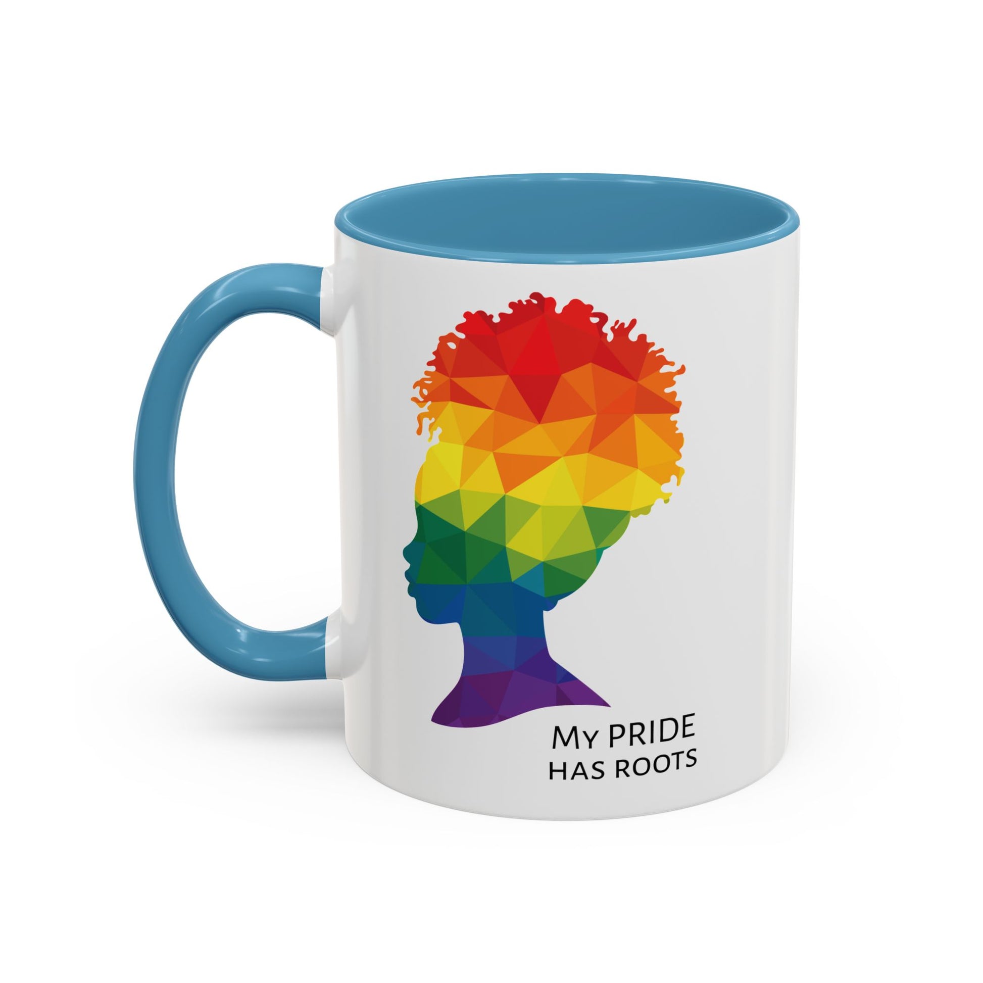 A white mug with a light blue handle and rim, featuring a vibrant geometric silhouette of a womans head with a rainbow afro and MY PRIDE HAS ROOTS below—perfect for the LGBTQ community from The Worldwide PRIDE Store.