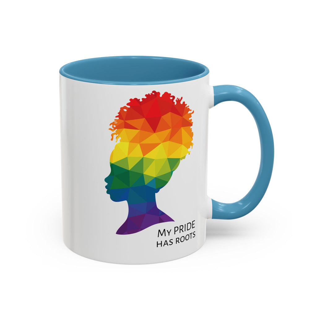 A white mug with a light blue handle and rim, featuring a vibrant geometric silhouette of a womans head with a rainbow afro and MY PRIDE HAS ROOTS below—perfect for the LGBTQ community from The Worldwide PRIDE Store.