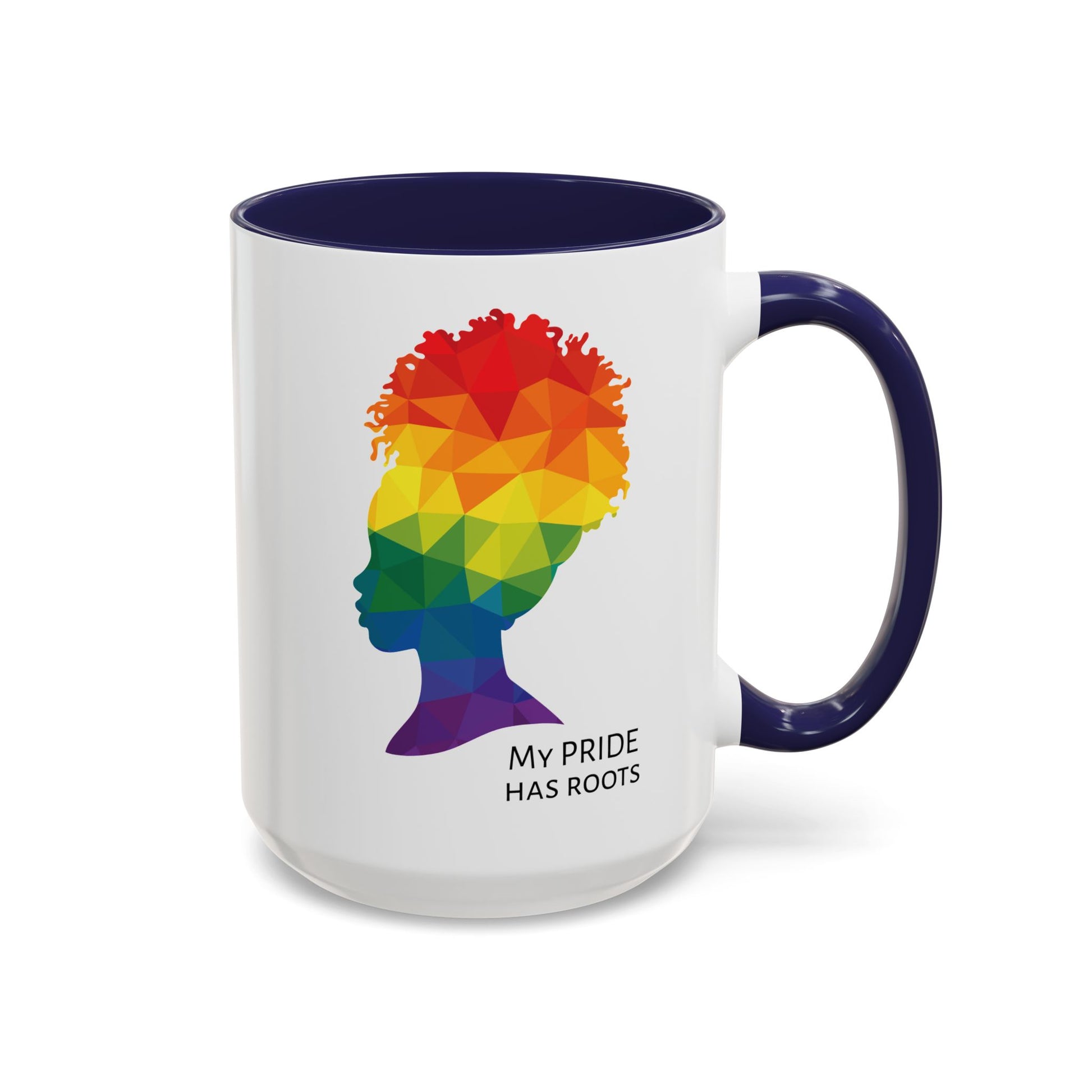 A white mug with a navy blue handle and rim, featuring a vibrant geometric silhouette of a womans head with a rainbow afro and MY PRIDE HAS ROOTS below—perfect for the LGBTQ community from The Worldwide PRIDE Store.