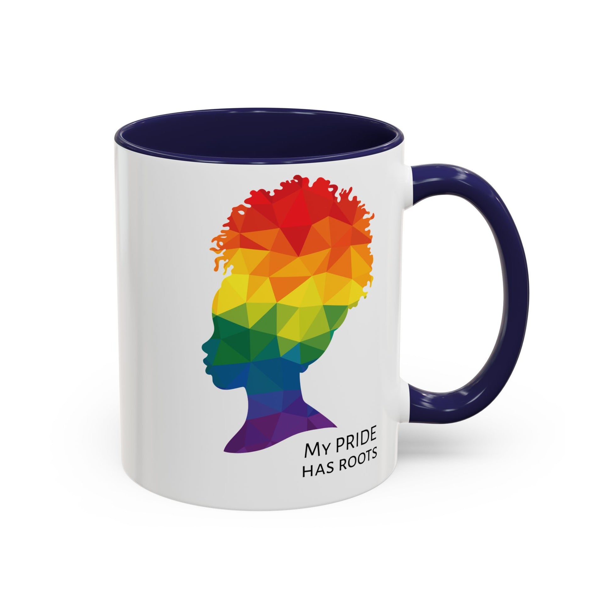 A white mug with a navy blue handle and rim, featuring a vibrant geometric silhouette of a womans head with a rainbow afro and MY PRIDE HAS ROOTS below—perfect for the LGBTQ community from The Worldwide PRIDE Store.