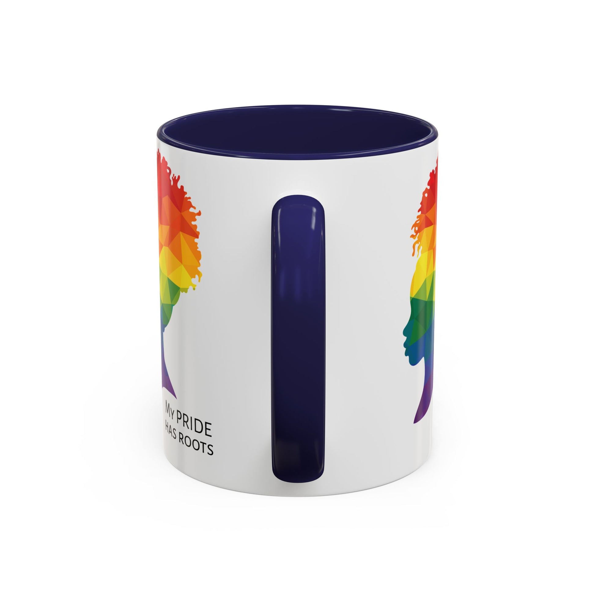 A white mug with a navy blue handle and rim, featuring a vibrant geometric silhouette of a womans head with a rainbow afro and MY PRIDE HAS ROOTS below—perfect for the LGBTQ community from The Worldwide PRIDE Store.