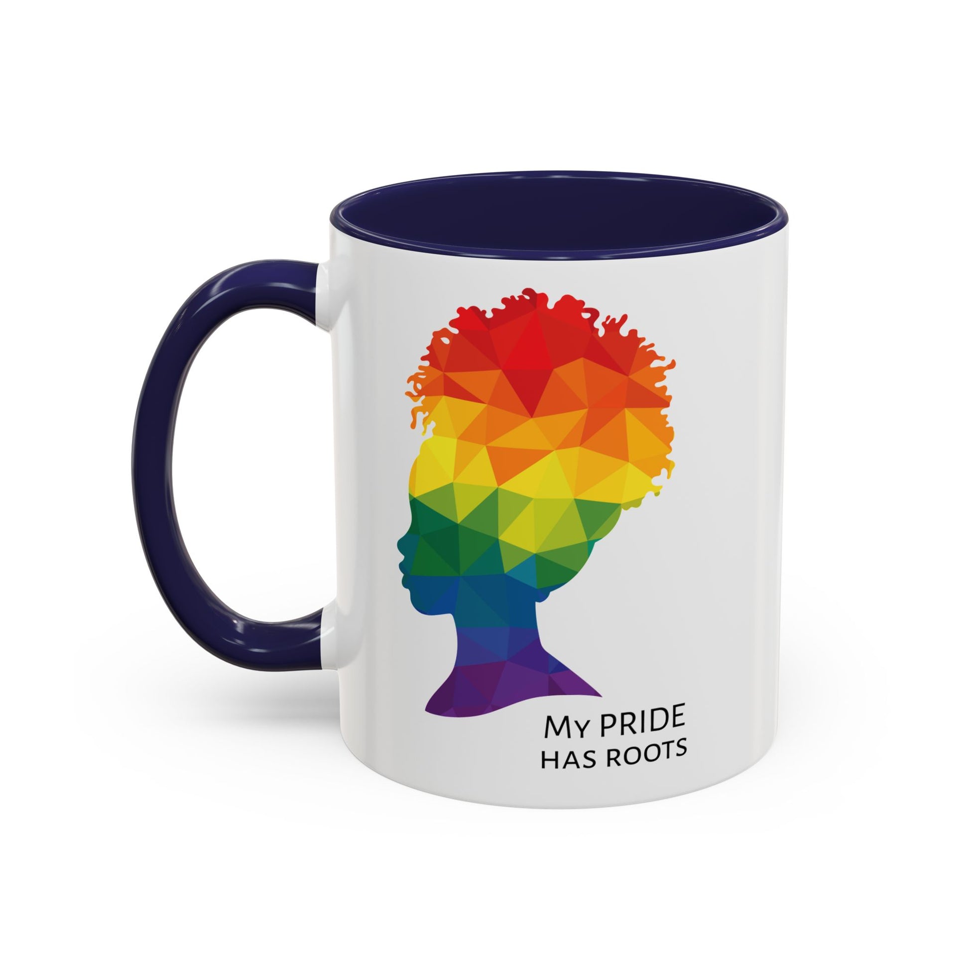 A white mug with a navy blue handle and rim, featuring a vibrant geometric silhouette of a womans head with a rainbow afro and MY PRIDE HAS ROOTS below—perfect for the LGBTQ community from The Worldwide PRIDE Store.