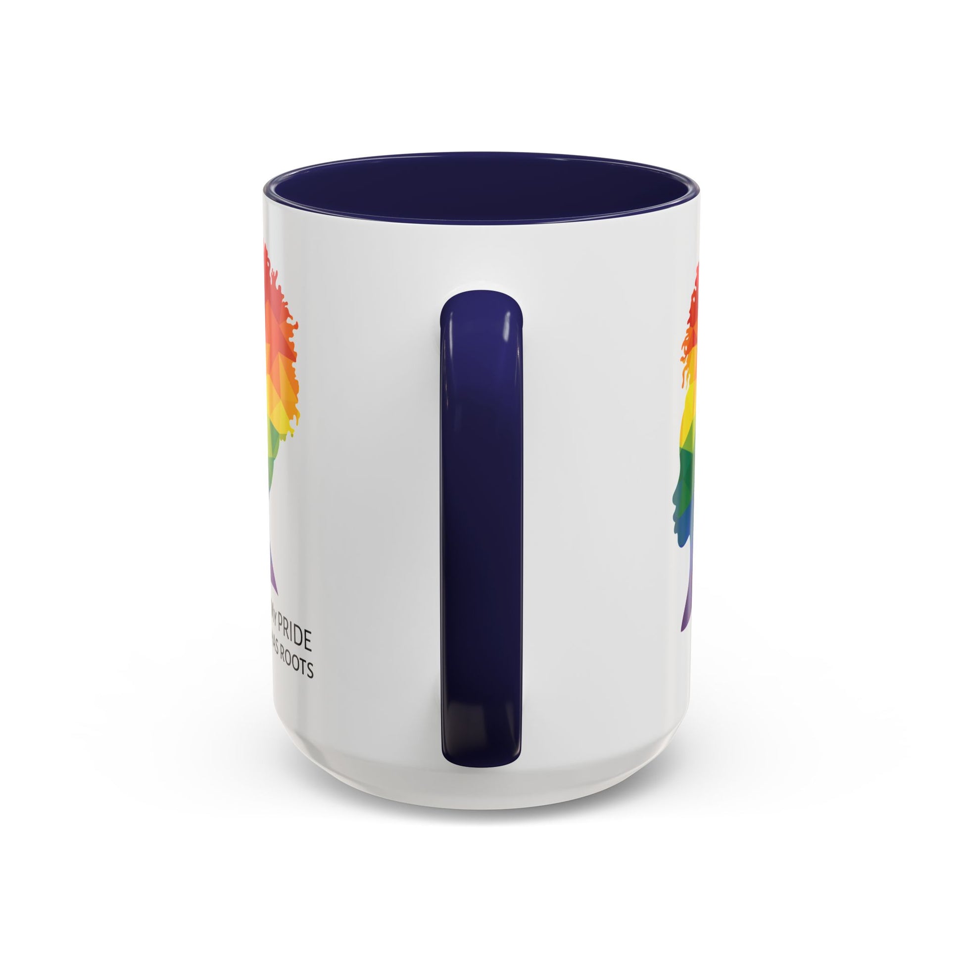 A white mug with a navy blue handle and rim, featuring a vibrant geometric silhouette of a womans head with a rainbow afro and MY PRIDE HAS ROOTS below—perfect for the LGBTQ community from The Worldwide PRIDE Store.