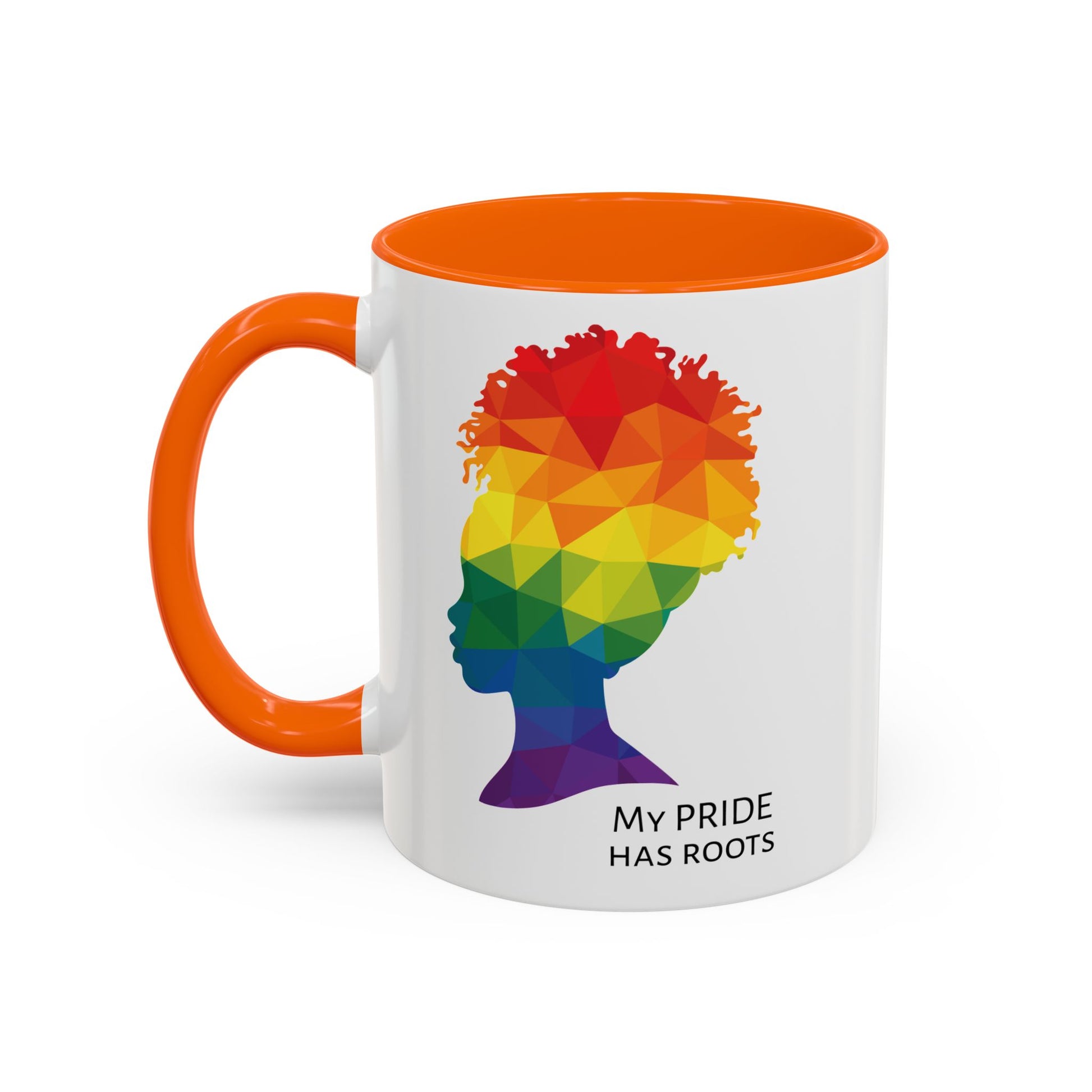 A white mug with an orange handle and rim, featuring a vibrant geometric silhouette of a womans head with a rainbow afro and MY PRIDE HAS ROOTS below—perfect for the LGBTQ community from The Worldwide PRIDE Store.
