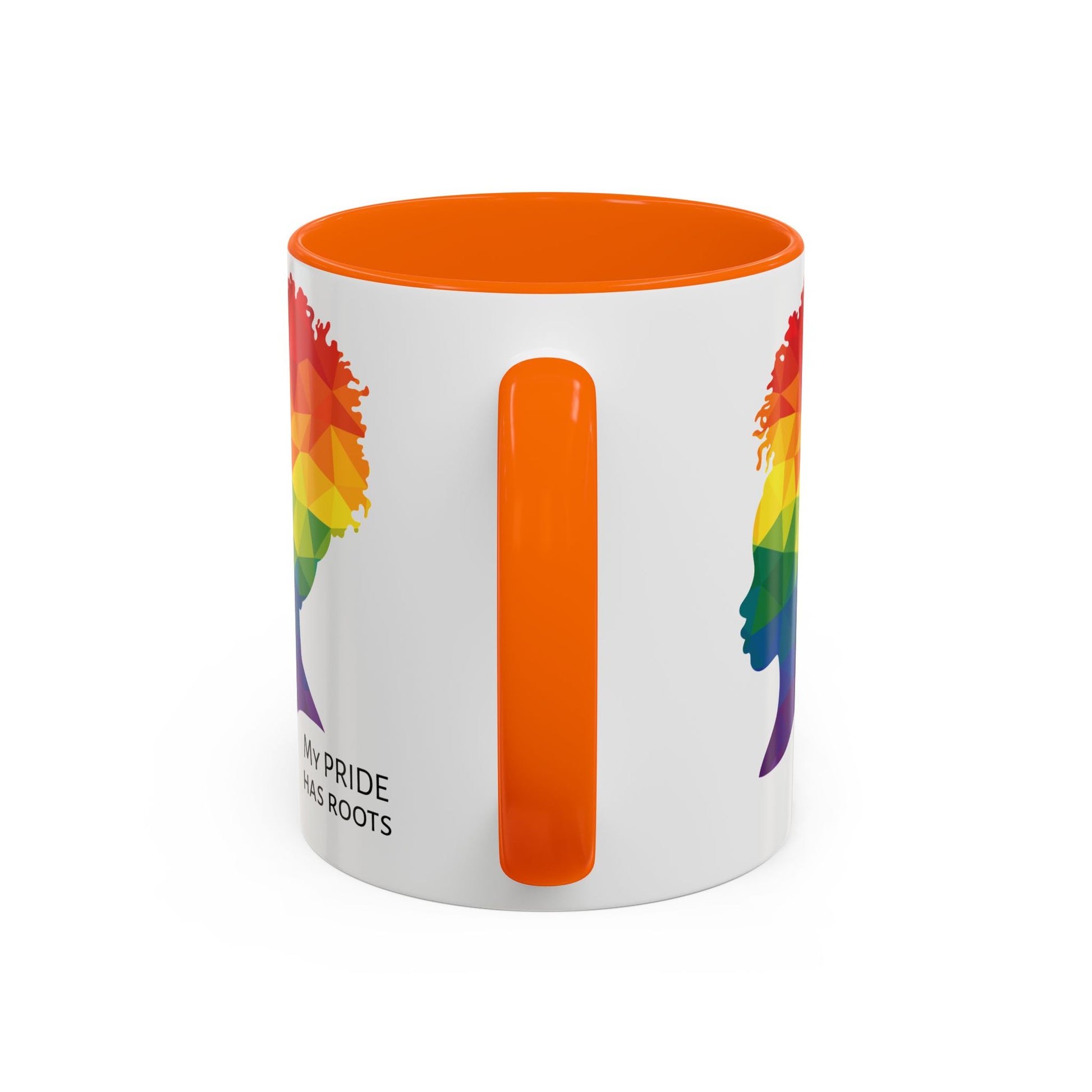A white mug with an orange handle and rim, featuring a vibrant geometric silhouette of a womans head with a rainbow afro and MY PRIDE HAS ROOTS below—perfect for the LGBTQ community from The Worldwide PRIDE Store.
