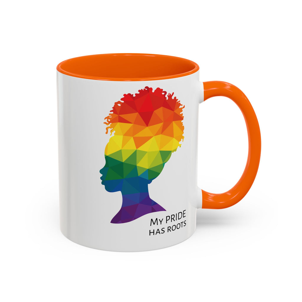 A white mug with an orange handle and rim, featuring a vibrant geometric silhouette of a womans head with a rainbow afro and MY PRIDE HAS ROOTS below—perfect for the LGBTQ community from The Worldwide PRIDE Store.