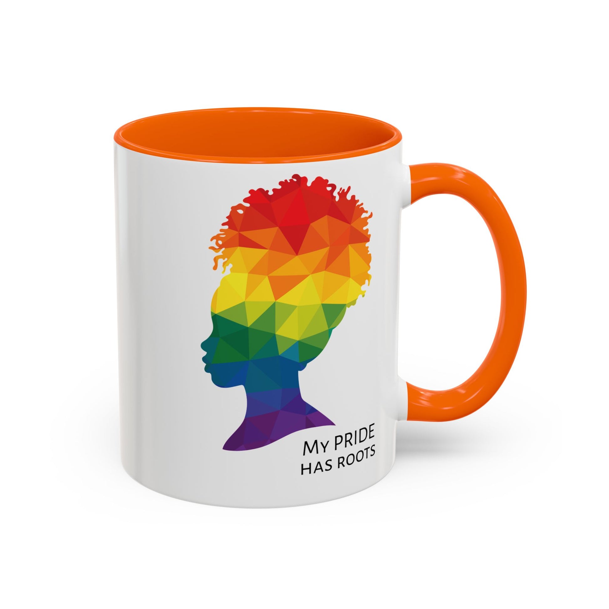 A white mug with an orange handle and rim, featuring a vibrant geometric silhouette of a womans head with a rainbow afro and MY PRIDE HAS ROOTS below—perfect for the LGBTQ community from The Worldwide PRIDE Store.