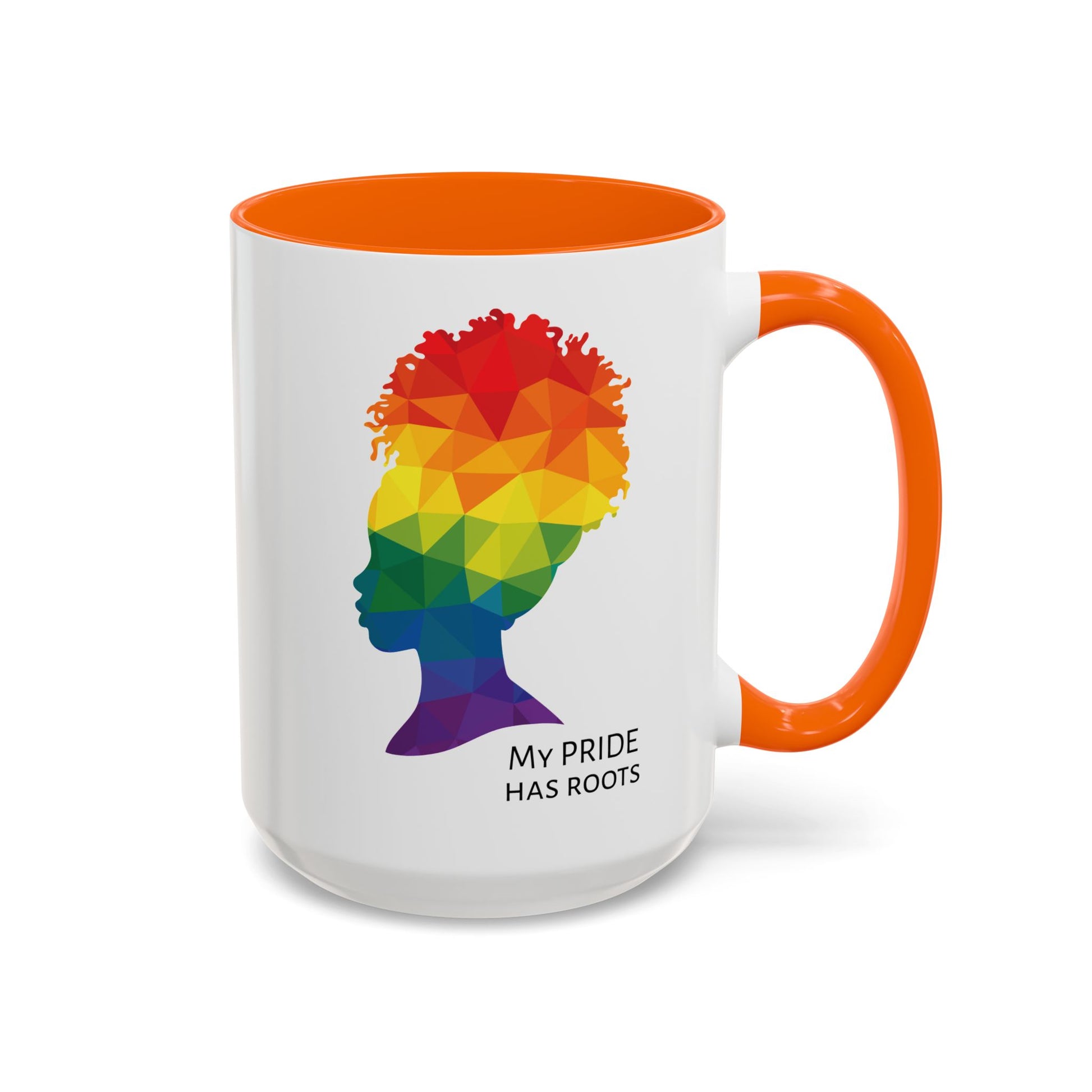 A white mug with an orange handle and rim, featuring a vibrant geometric silhouette of a womans head with a rainbow afro and MY PRIDE HAS ROOTS below—perfect for the LGBTQ community from The Worldwide PRIDE Store.