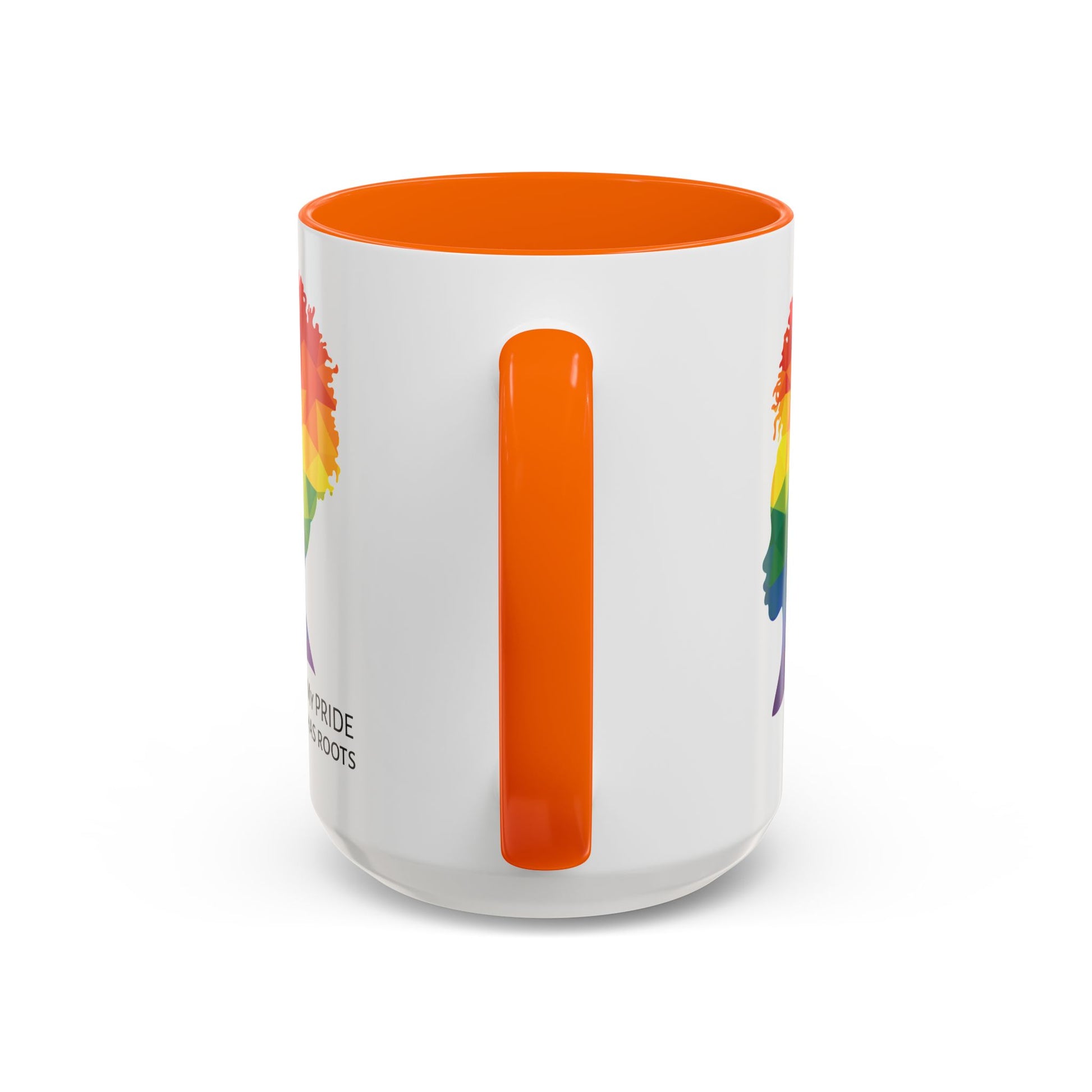 A white mug with an orange handle and rim, featuring a vibrant geometric silhouette of a womans head with a rainbow afro and MY PRIDE HAS ROOTS below—perfect for the LGBTQ community from The Worldwide PRIDE Store.
