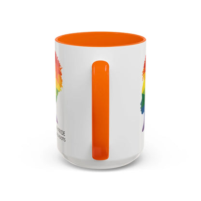 A white mug with an orange handle and rim, featuring a vibrant geometric silhouette of a womans head with a rainbow afro and MY PRIDE HAS ROOTS below—perfect for the LGBTQ community from The Worldwide PRIDE Store.