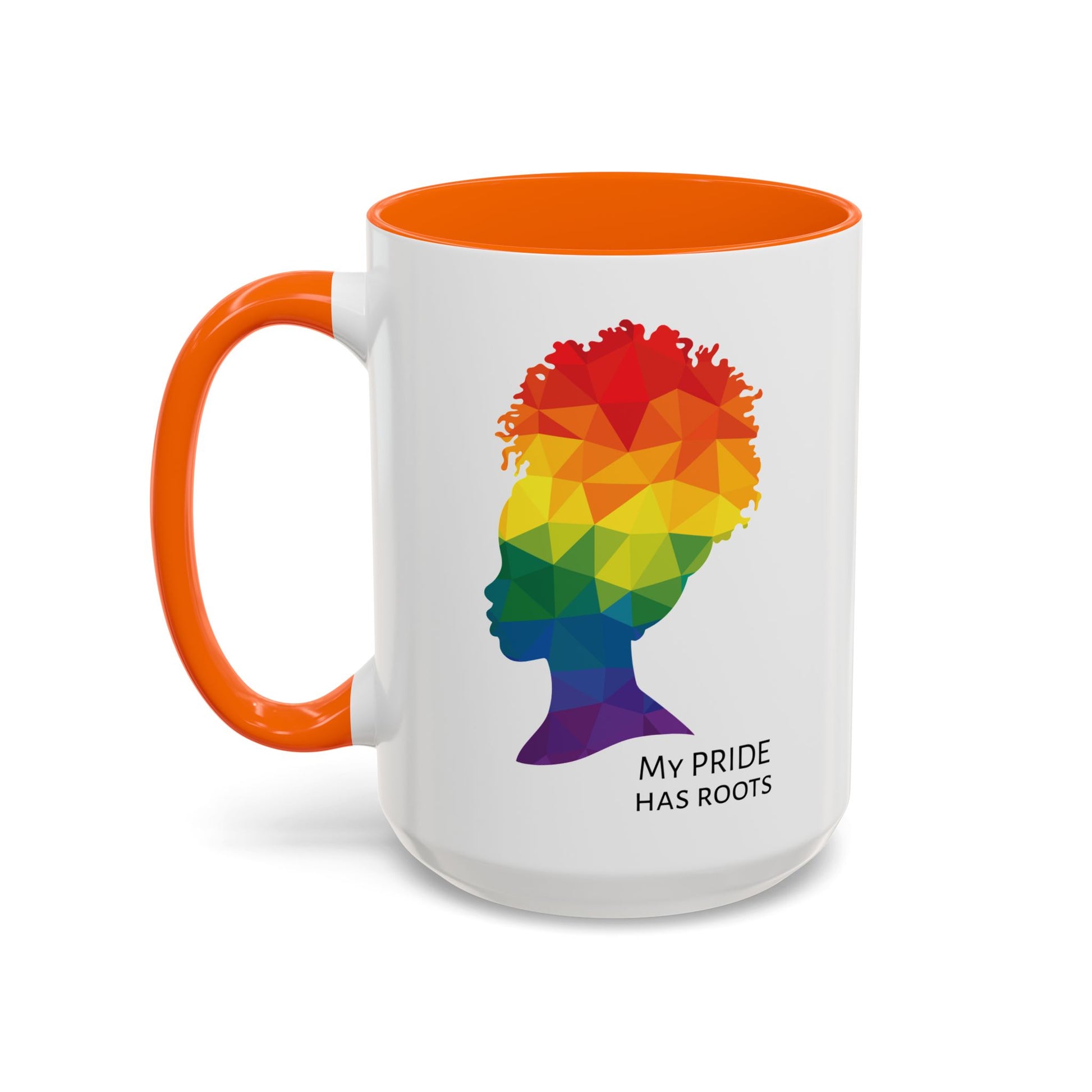 A white mug with an orange handle and rim, featuring a vibrant geometric silhouette of a womans head with a rainbow afro and MY PRIDE HAS ROOTS below—perfect for the LGBTQ community from The Worldwide PRIDE Store.