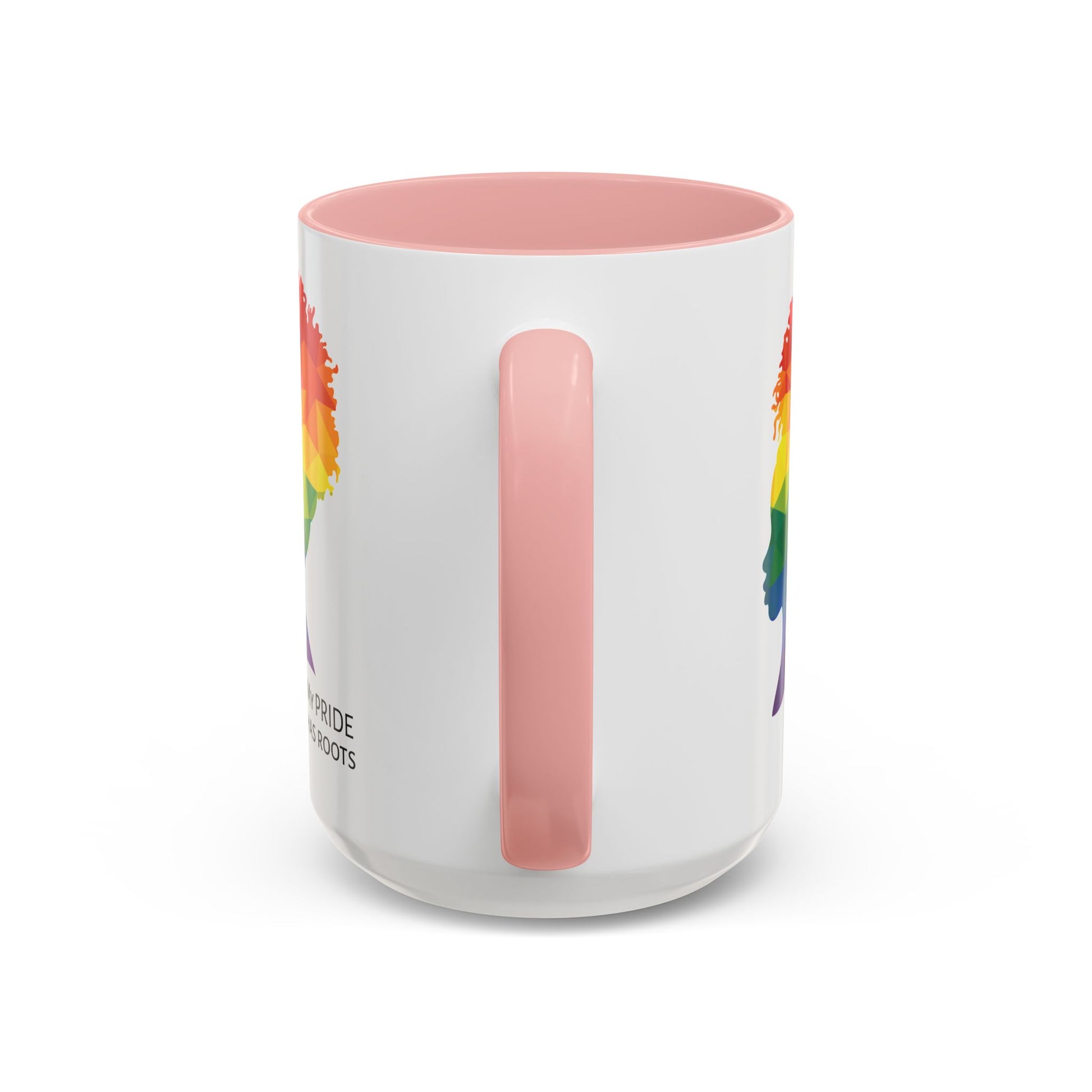 A white mug with a pink handle and rim, featuring a vibrant geometric silhouette of a womans head with a rainbow afro and MY PRIDE HAS ROOTS below—perfect for the LGBTQ community from The Worldwide PRIDE Store.