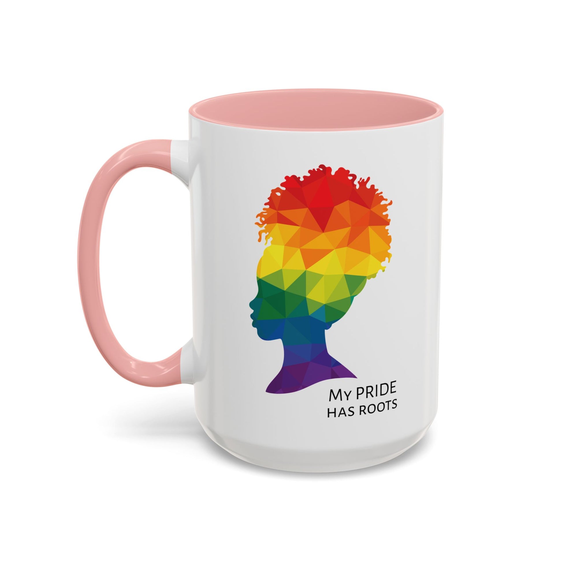 A white mug with a pink handle and rim, featuring a vibrant geometric silhouette of a womans head with a rainbow afro and MY PRIDE HAS ROOTS below—perfect for the LGBTQ community from The Worldwide PRIDE Store.