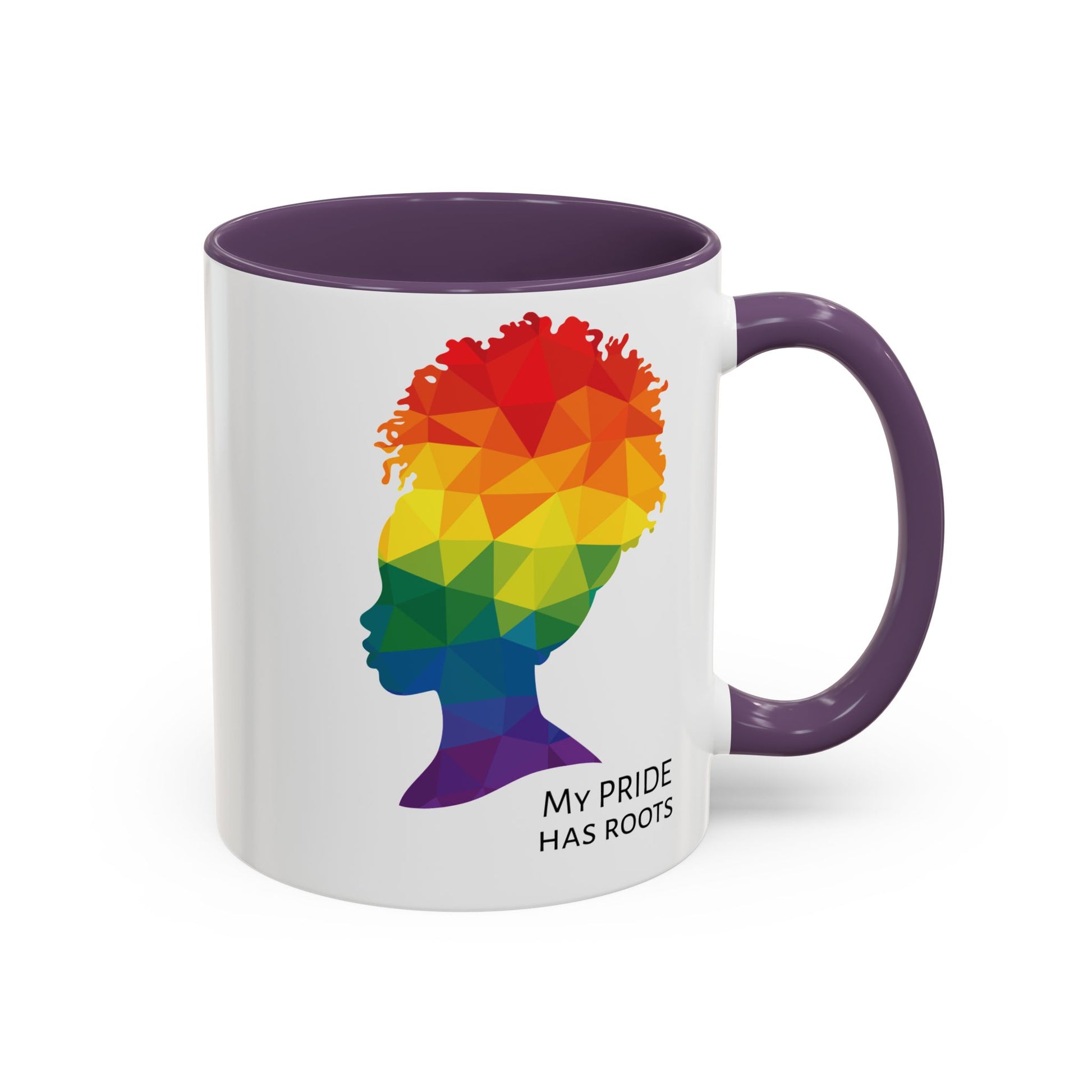 A white mug with a purple handle and rim, featuring a vibrant geometric silhouette of a womans head with a rainbow afro and MY PRIDE HAS ROOTS below—perfect for the LGBTQ community from The Worldwide PRIDE Store.