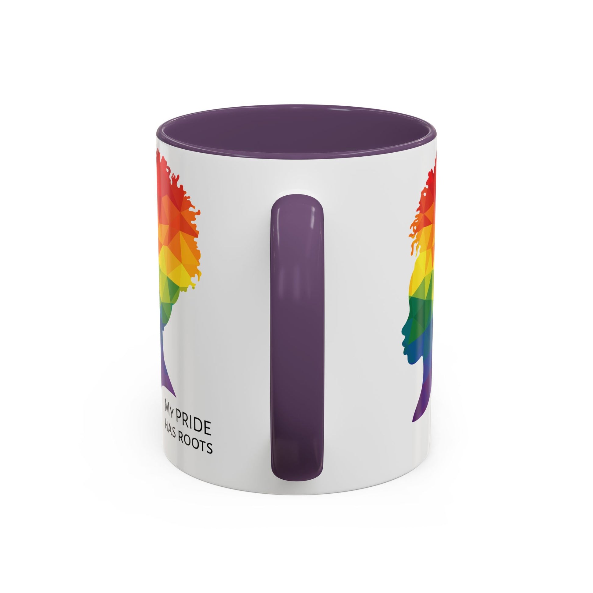 A white mug with a purple handle and rim, featuring a vibrant geometric silhouette of a womans head with a rainbow afro and MY PRIDE HAS ROOTS below—perfect for the LGBTQ community from The Worldwide PRIDE Store.