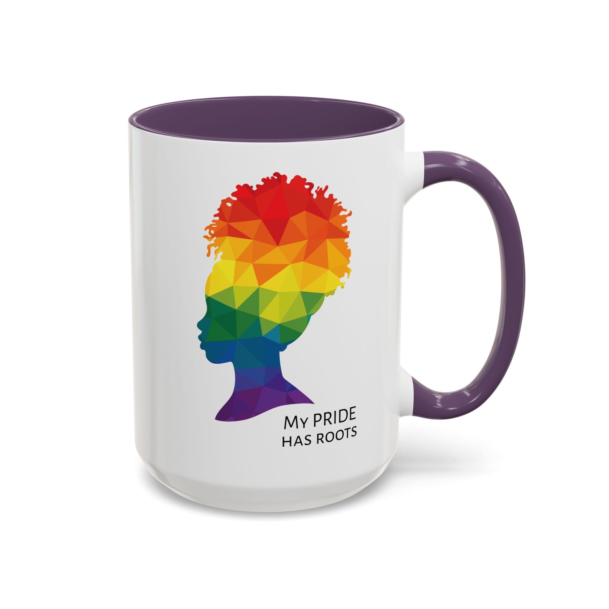 A white mug with a purple handle and rim, featuring a vibrant geometric silhouette of a womans head with a rainbow afro and MY PRIDE HAS ROOTS below—perfect for the LGBTQ community from The Worldwide PRIDE Store.