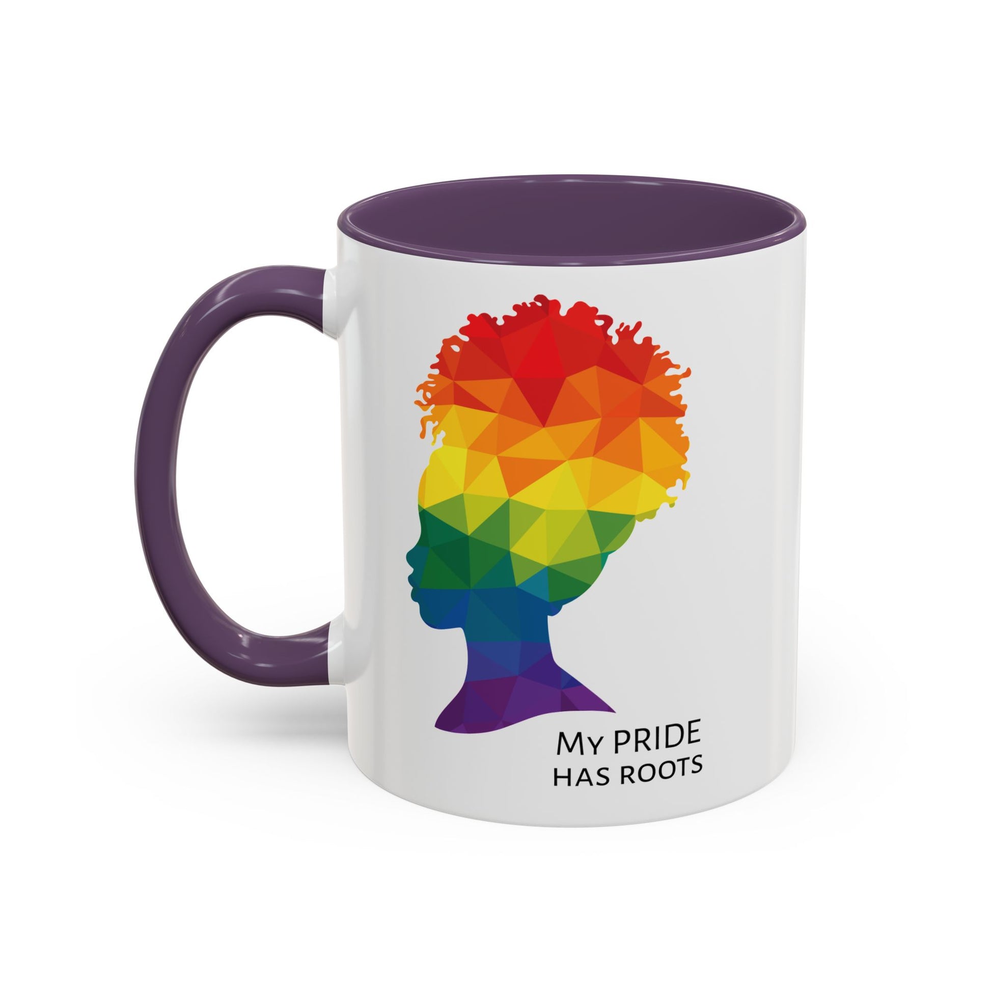 A white mug with a purple handle and rim, featuring a vibrant geometric silhouette of a womans head with a rainbow afro and MY PRIDE HAS ROOTS below—perfect for the LGBTQ community from The Worldwide PRIDE Store.
