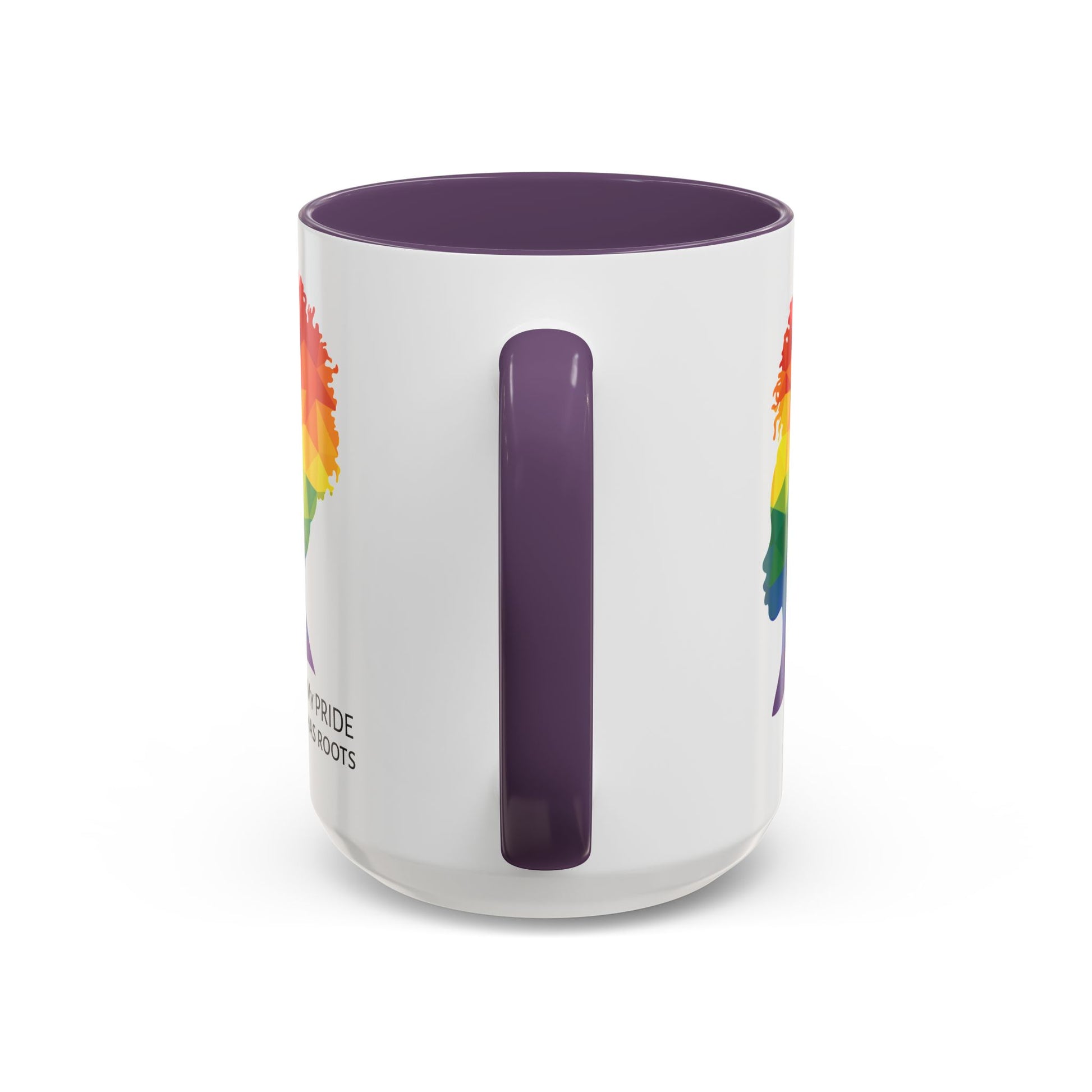 A white mug with a purple handle and rim, featuring a vibrant geometric silhouette of a womans head with a rainbow afro and MY PRIDE HAS ROOTS below—perfect for the LGBTQ community from The Worldwide PRIDE Store.