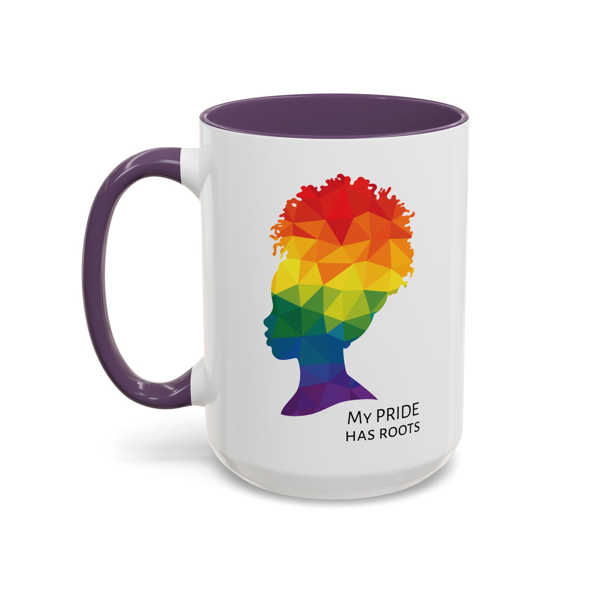 A white mug with a purple handle and rim, featuring a vibrant geometric silhouette of a womans head with a rainbow afro and MY PRIDE HAS ROOTS below—perfect for the LGBTQ community from The Worldwide PRIDE Store.