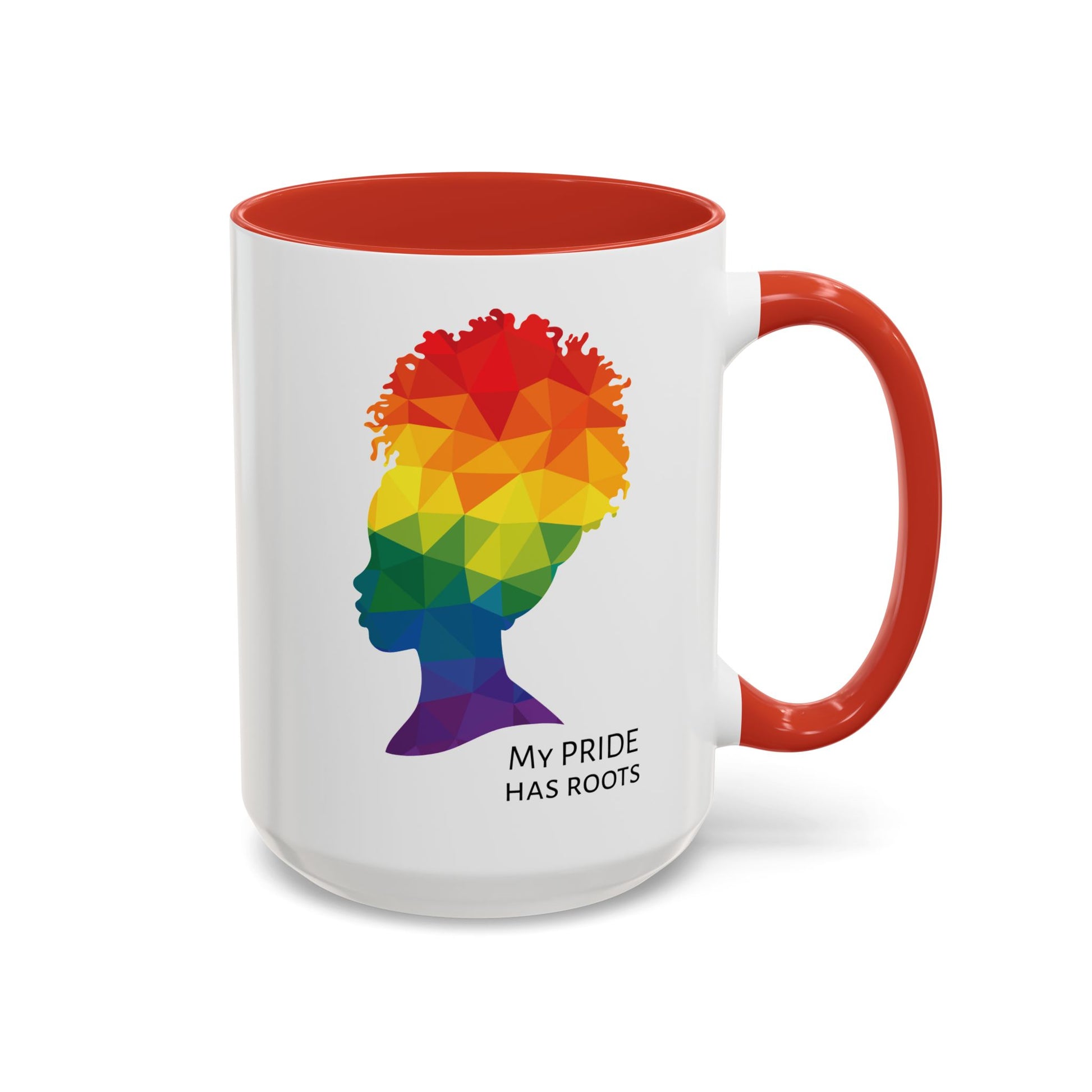 A white mug with a red handle and rim, featuring a vibrant geometric silhouette of a womans head with a rainbow afro and MY PRIDE HAS ROOTS below—perfect for the LGBTQ community from The Worldwide PRIDE Store.