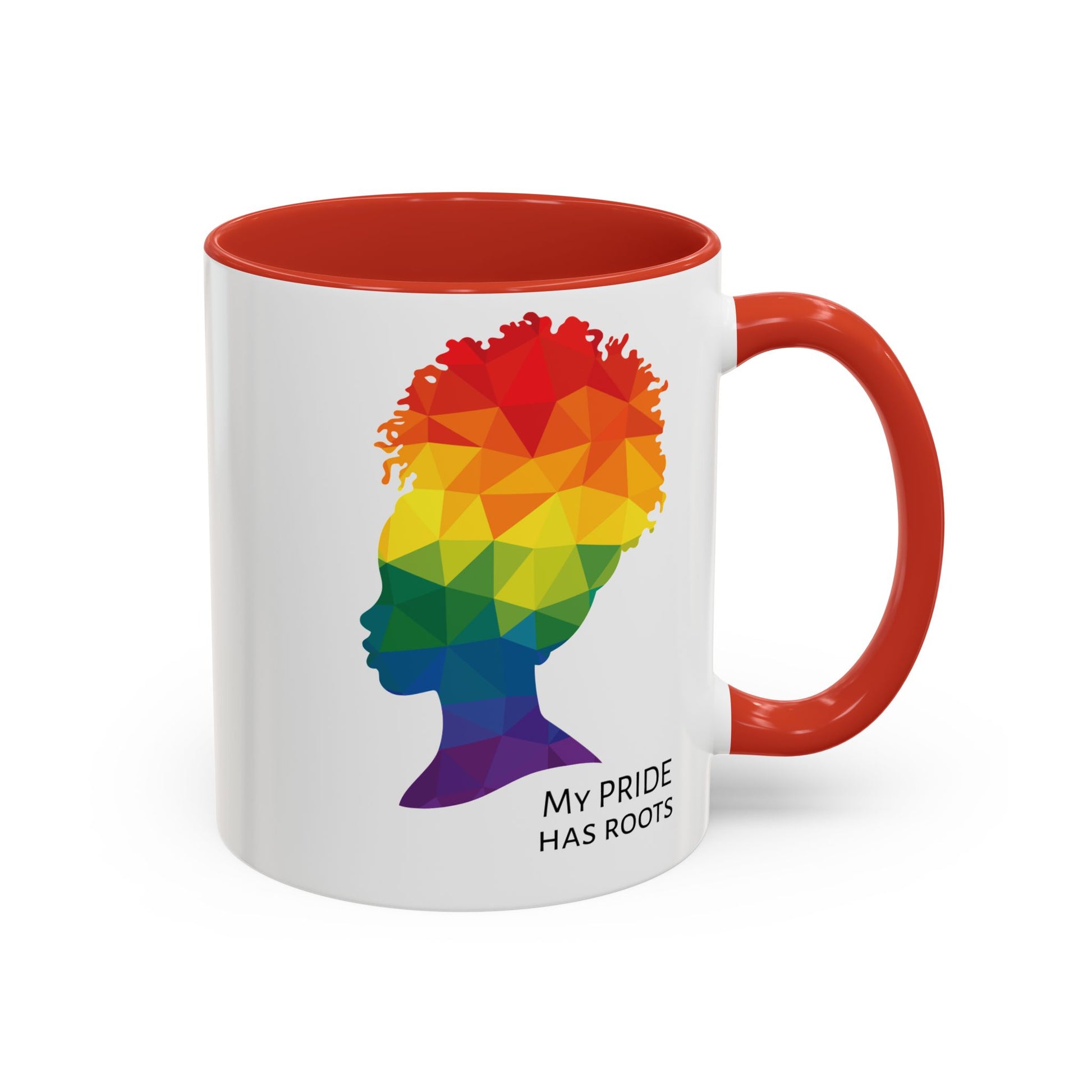 A white mug with a red handle and rim, featuring a vibrant geometric silhouette of a womans head with a rainbow afro and MY PRIDE HAS ROOTS below—perfect for the LGBTQ community from The Worldwide PRIDE Store.