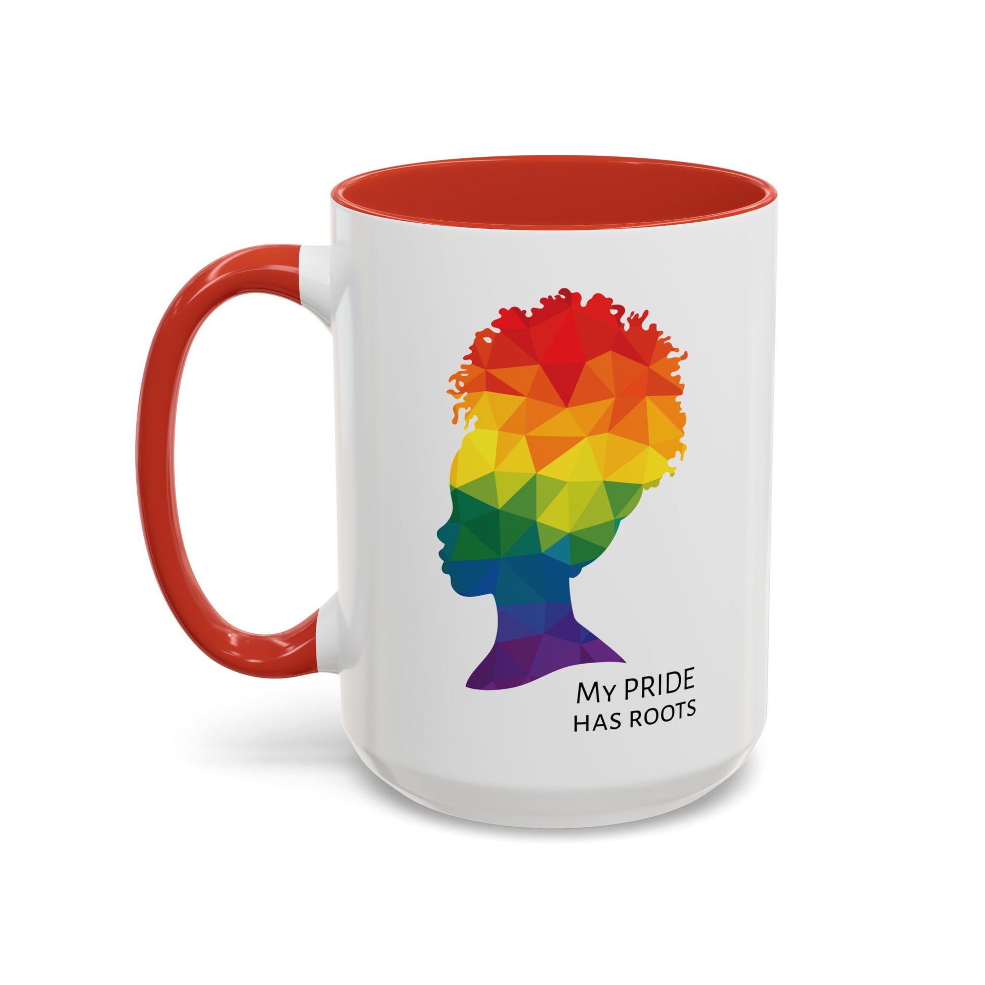 A white mug with a red handle and rim, featuring a vibrant geometric silhouette of a womans head with a rainbow afro and MY PRIDE HAS ROOTS below—perfect for the LGBTQ community from The Worldwide PRIDE Store.