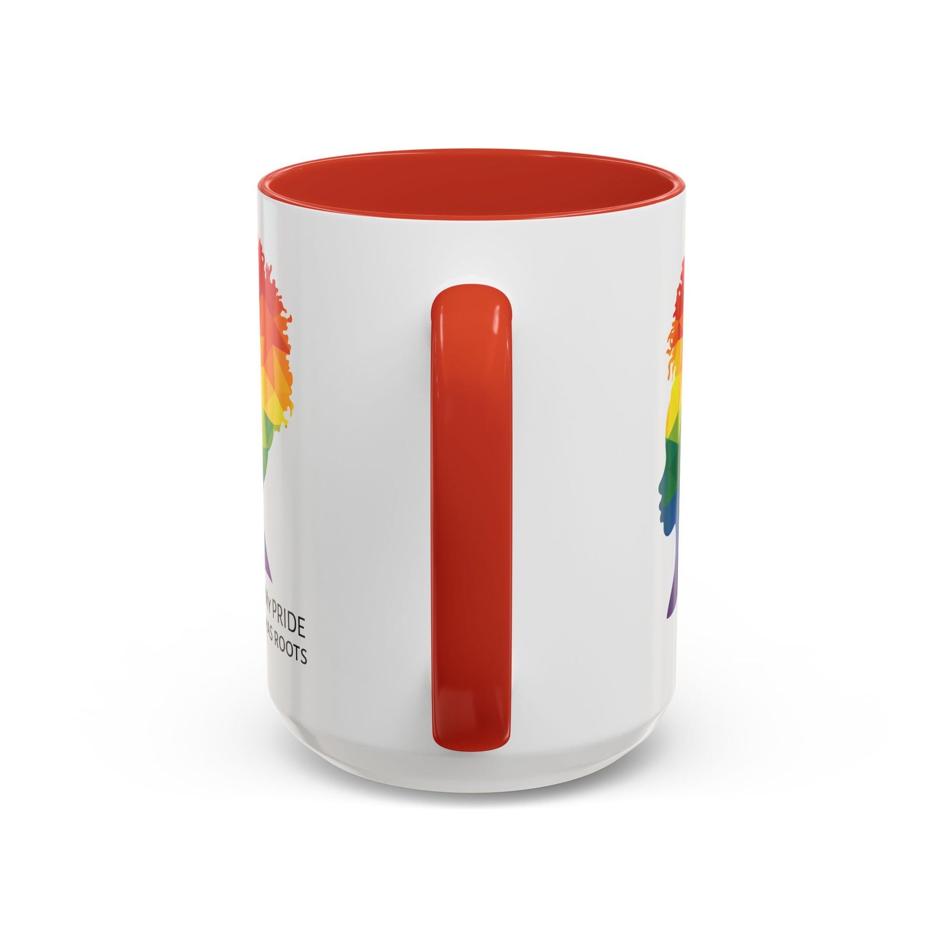 A white mug with a red handle and rim, featuring a vibrant geometric silhouette of a womans head with a rainbow afro and MY PRIDE HAS ROOTS below—perfect for the LGBTQ community from The Worldwide PRIDE Store.