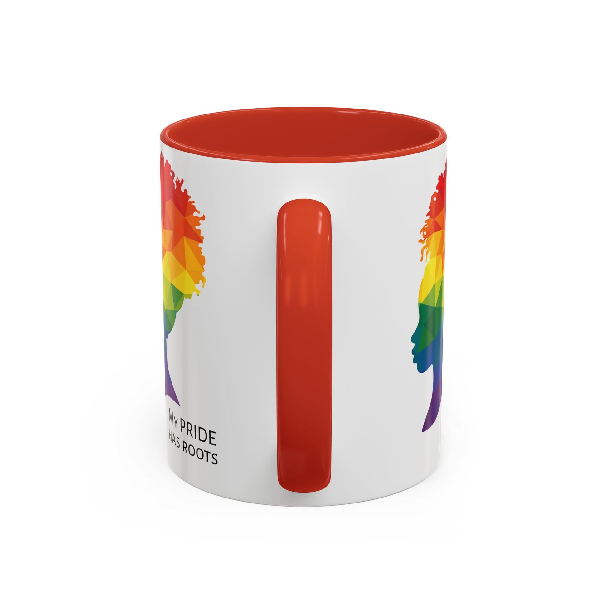 A white mug with a red handle and rim, featuring a vibrant geometric silhouette of a womans head with a rainbow afro and MY PRIDE HAS ROOTS below—perfect for the LGBTQ community from The Worldwide PRIDE Store.