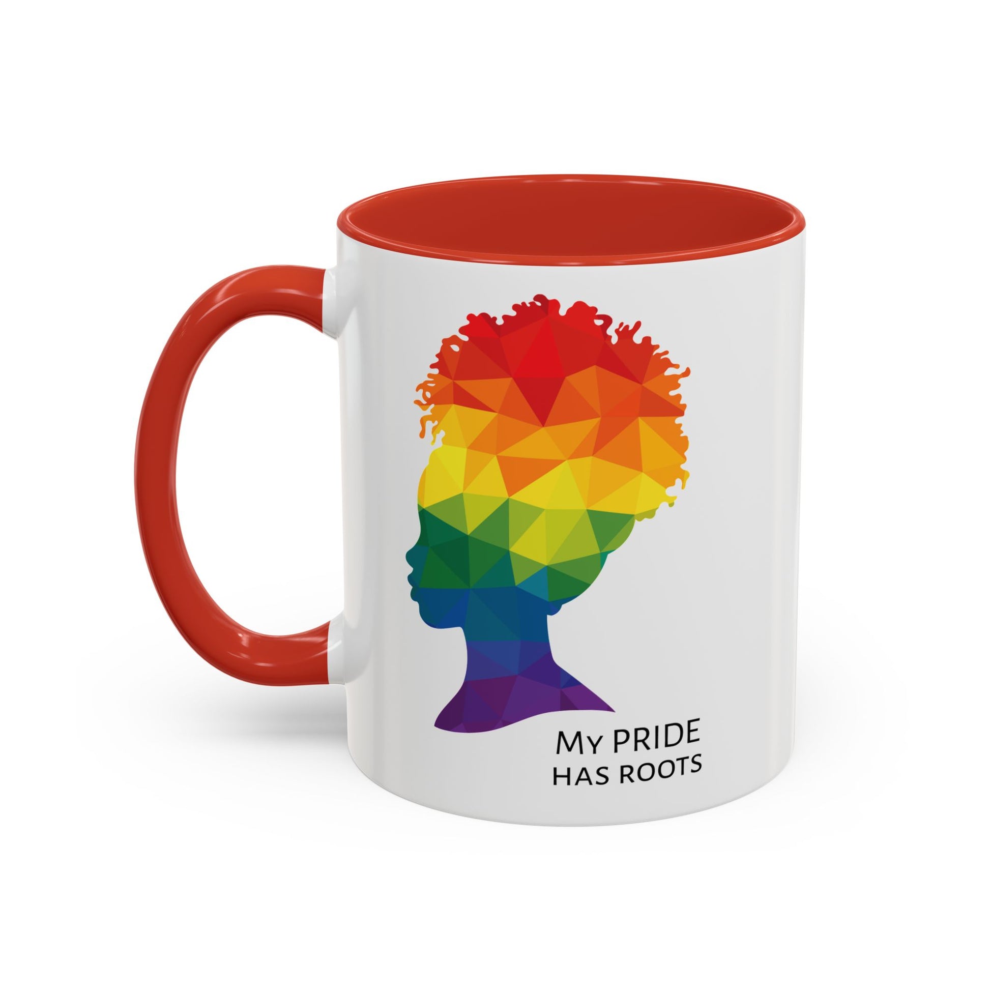 A white mug with a red handle and rim, featuring a vibrant geometric silhouette of a womans head with a rainbow afro and MY PRIDE HAS ROOTS below—perfect for the LGBTQ community from The Worldwide PRIDE Store.