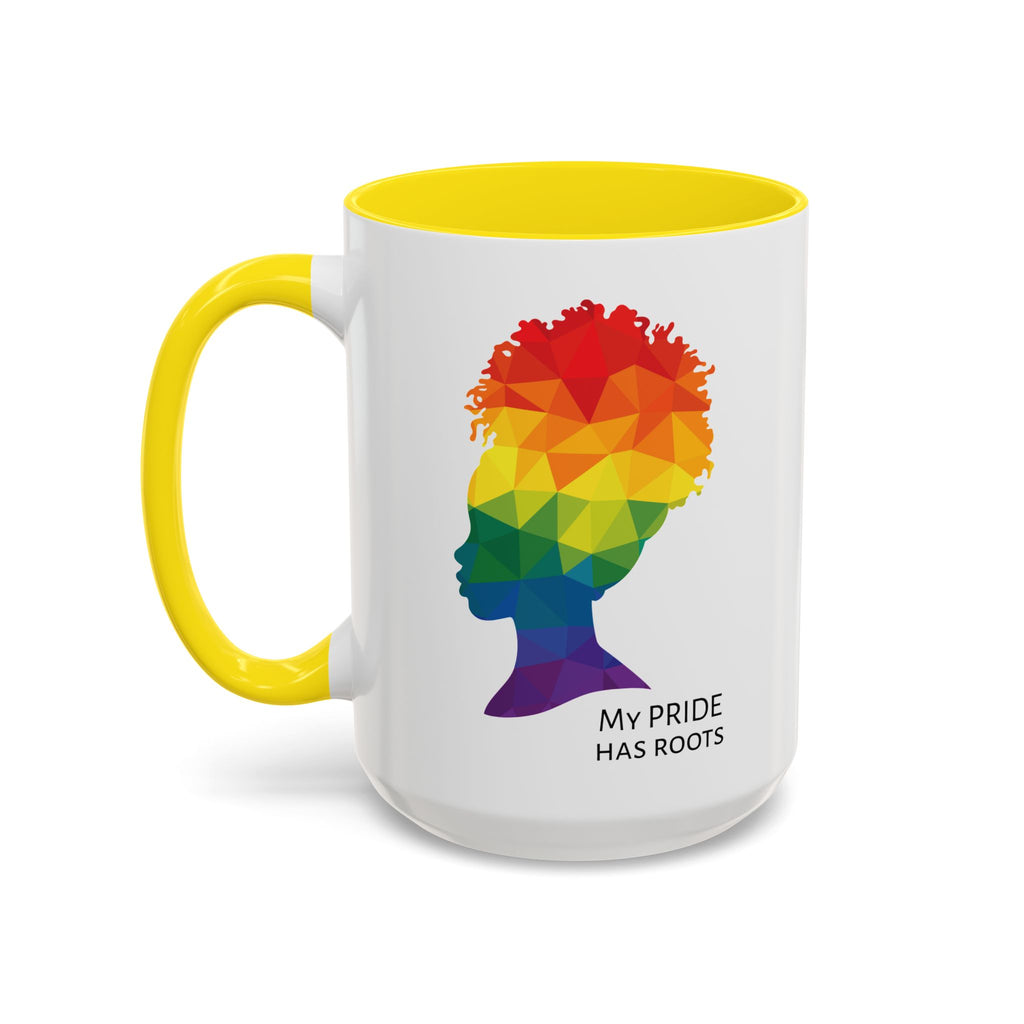 A white mug with a yellow handle and rim, featuring a vibrant geometric silhouette of a womans head with a rainbow afro and MY PRIDE HAS ROOTS below—perfect for the LGBTQ community from The Worldwide PRIDE Store.