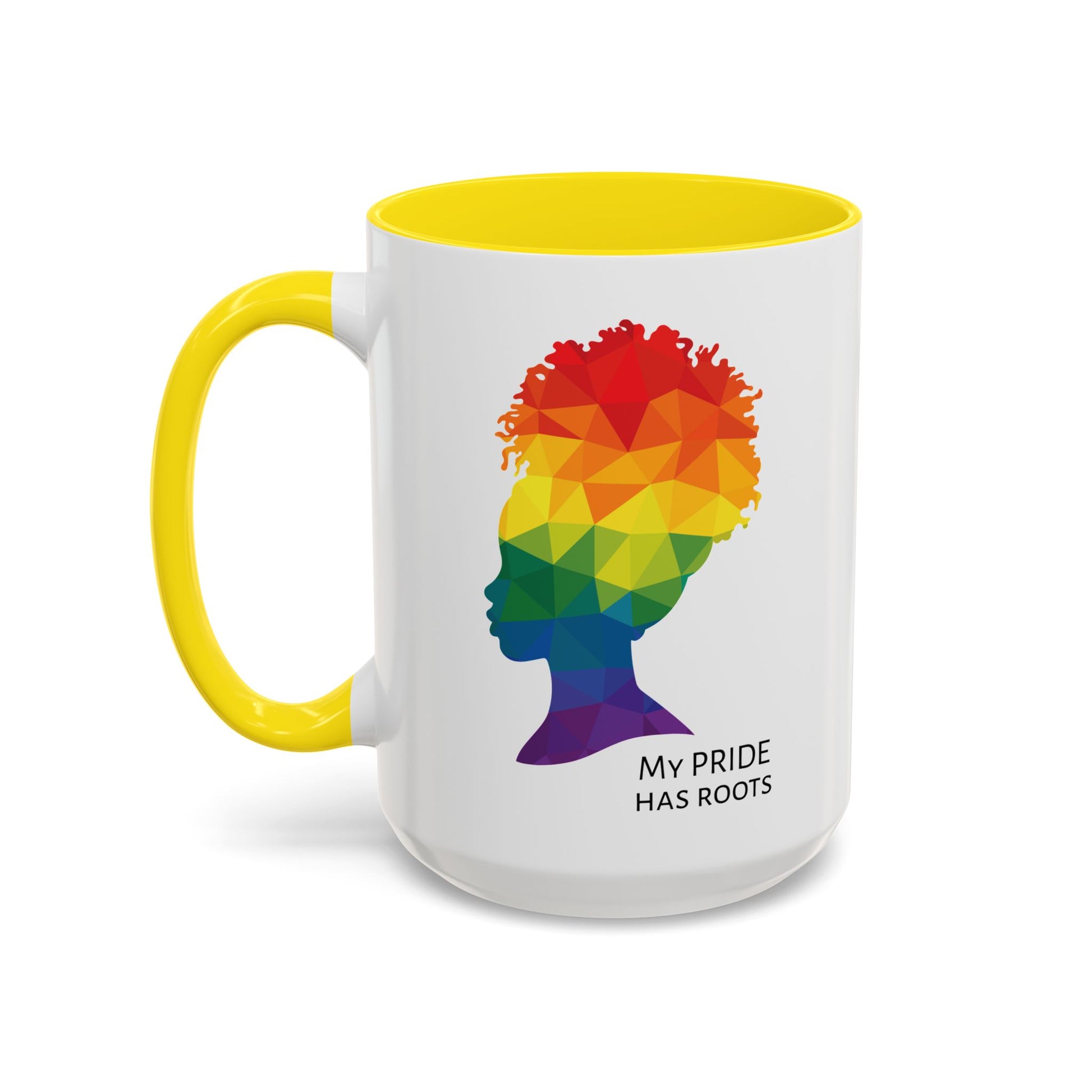 A white mug with a yellow handle and rim, featuring a vibrant geometric silhouette of a womans head with a rainbow afro and MY PRIDE HAS ROOTS below—perfect for the LGBTQ community from The Worldwide PRIDE Store.