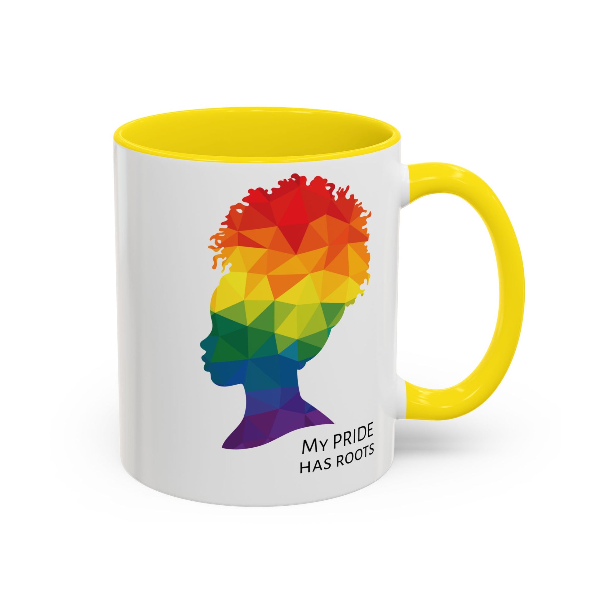 A white mug with a yellow handle and rim, featuring a vibrant geometric silhouette of a womans head with a rainbow afro and MY PRIDE HAS ROOTS below—perfect for the LGBTQ community from The Worldwide PRIDE Store.