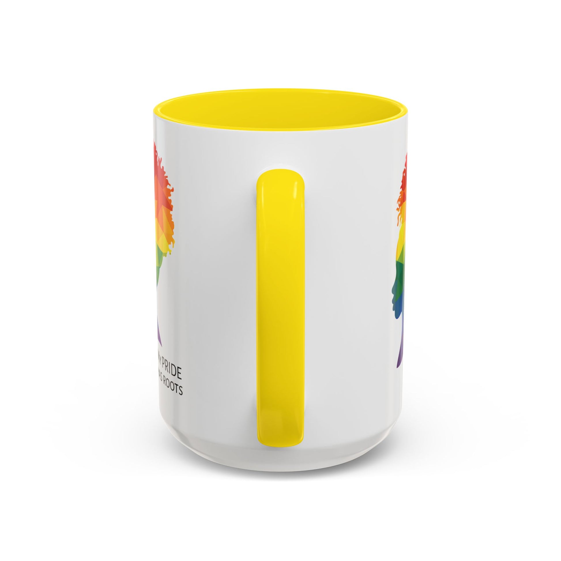 A white mug with a yellow handle and rim, featuring a vibrant geometric silhouette of a womans head with a rainbow afro and MY PRIDE HAS ROOTS below—perfect for the LGBTQ community from The Worldwide PRIDE Store.