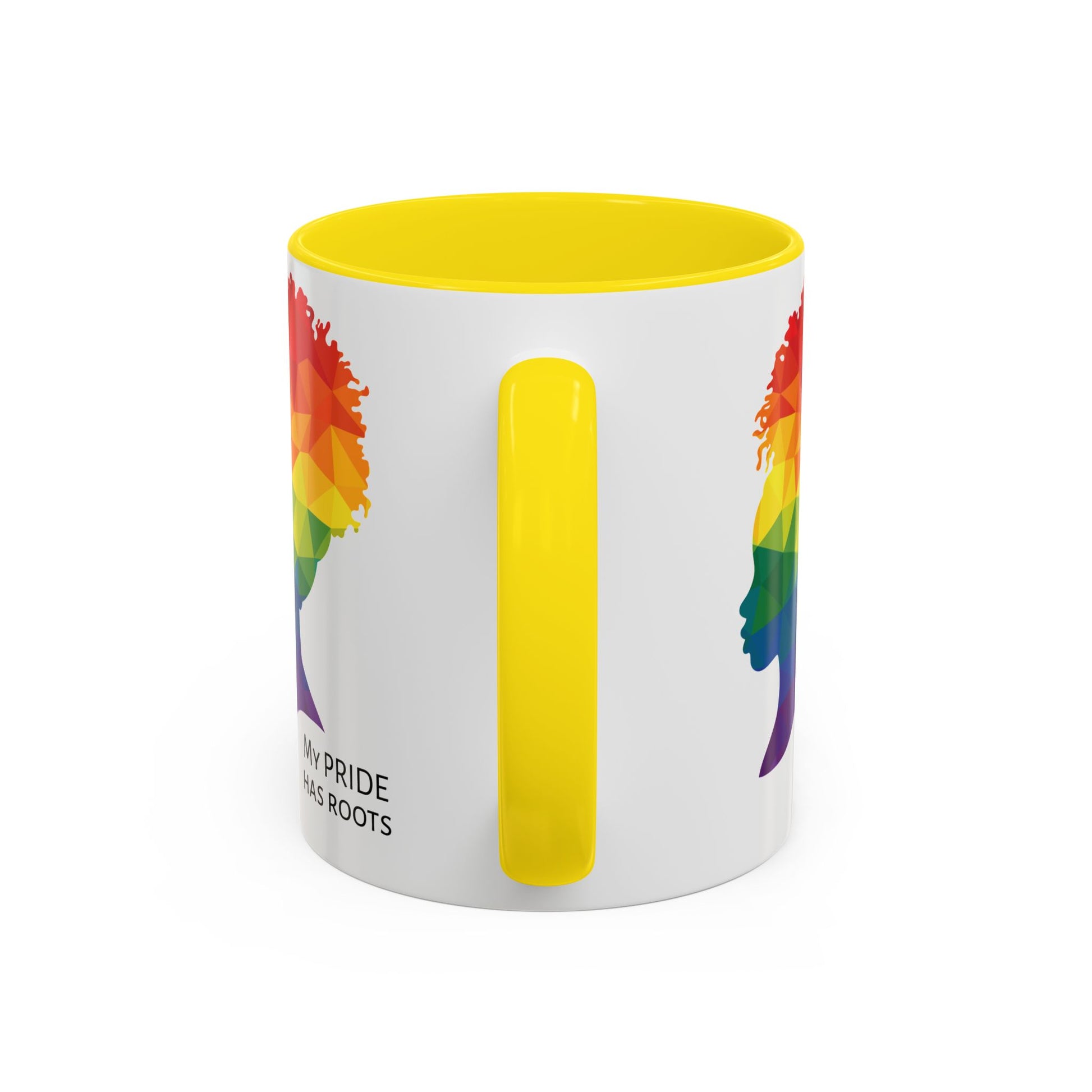 A white mug with a yellow handle and rim, featuring a vibrant geometric silhouette of a womans head with a rainbow afro and MY PRIDE HAS ROOTS below—perfect for the LGBTQ community from The Worldwide PRIDE Store.