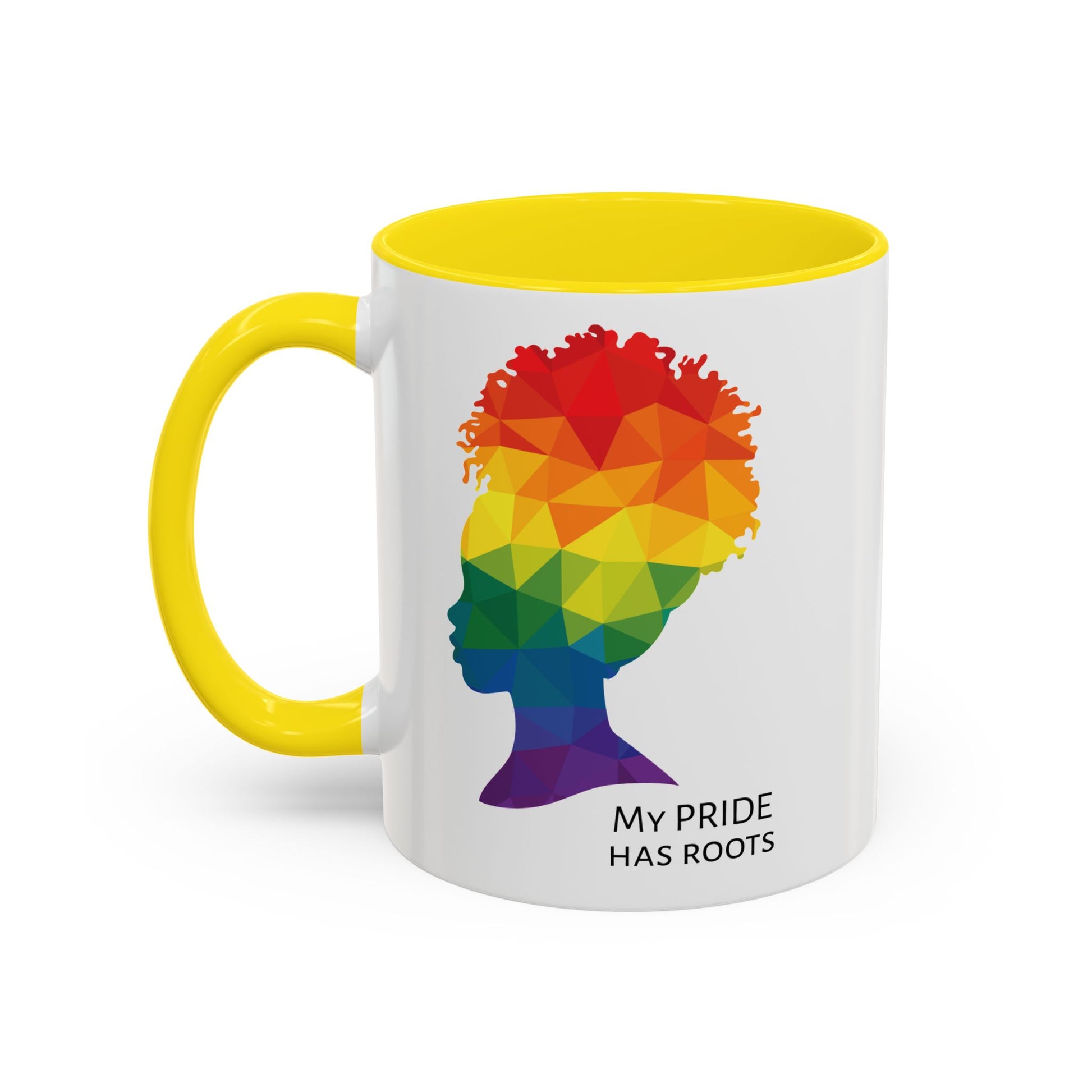 A white mug with a yellow handle and rim, featuring a vibrant geometric silhouette of a womans head with a rainbow afro and MY PRIDE HAS ROOTS below—perfect for the LGBTQ community from The Worldwide PRIDE Store.